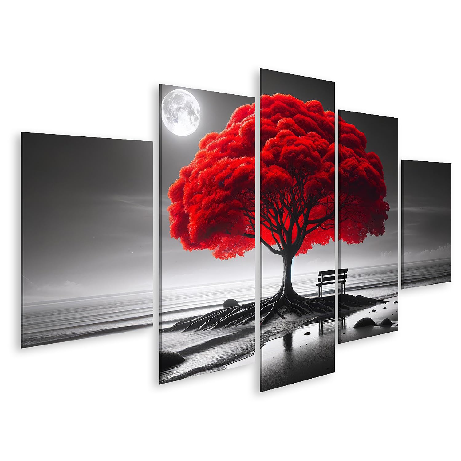 islandburner Cuadro sobre lienzo Árbol Rojo Brillante En Una Playa Monocromática Con Luna Cuadros Murales Póster