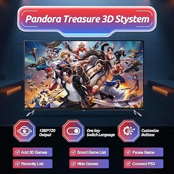 Pandora Box Arcade Console with 32000 Games in 1, 1280x720 Full HD Retro Gaming Machine for TV, Monitor, and Projector, 3D Games Support 1-4 Players, Search/Save/Hide/Pause Functions