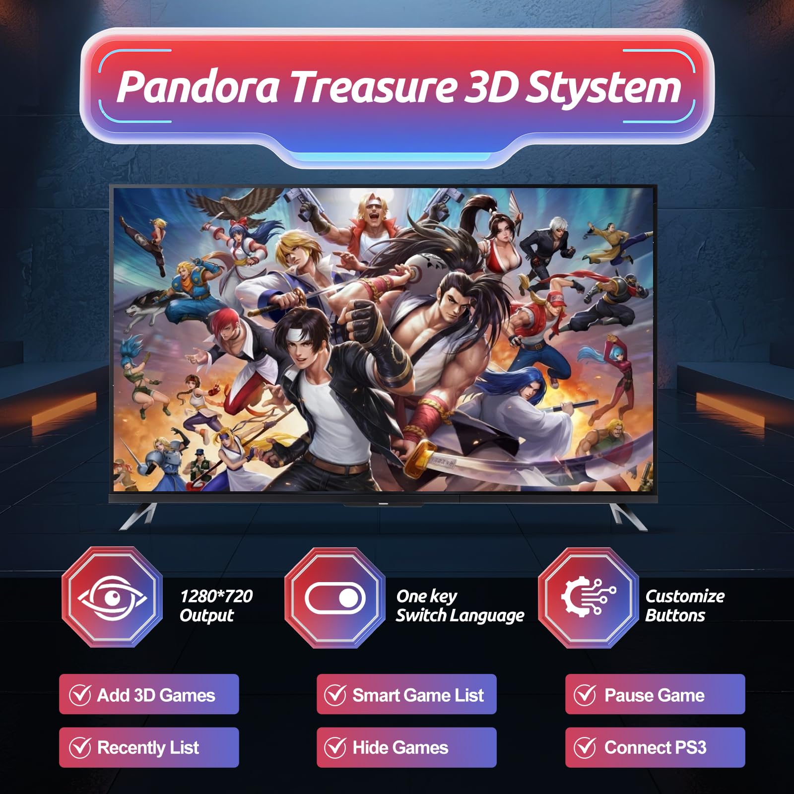 Pandora Box Arcade Console con 32000 giochi in 1, 1280 x 720 Full HD Retro Gaming Machine per TV, monitor e proiettore, giochi 3D supporta 1-4 giocatori, funzioni di ricerca/salva/nascondi/pausa