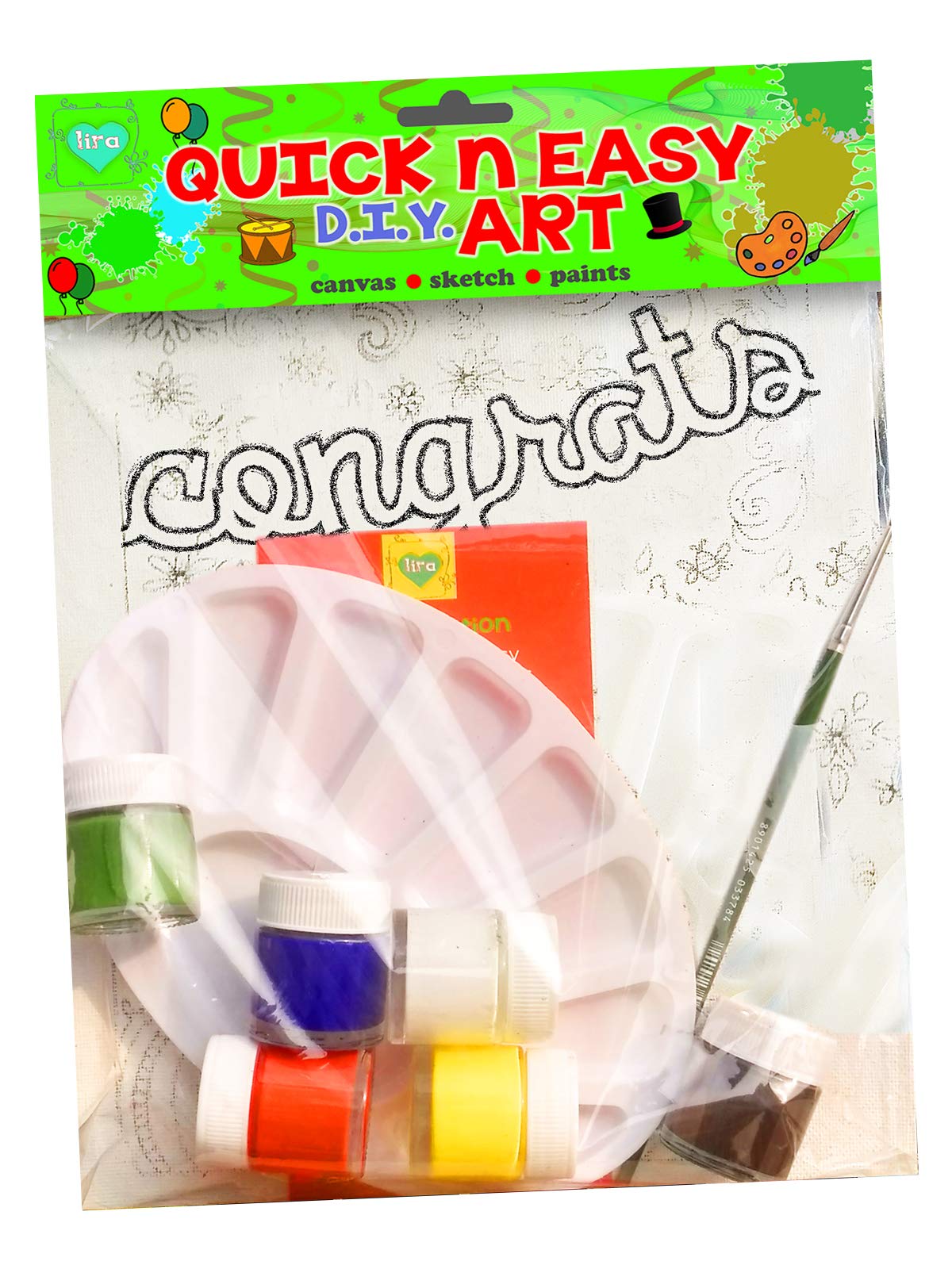 Quick n Easy Do-It-Yourself painting kit by Lilly Caur for kids 5-60 years old - 8HX6W w/ Canvas Sketch - Congrats
