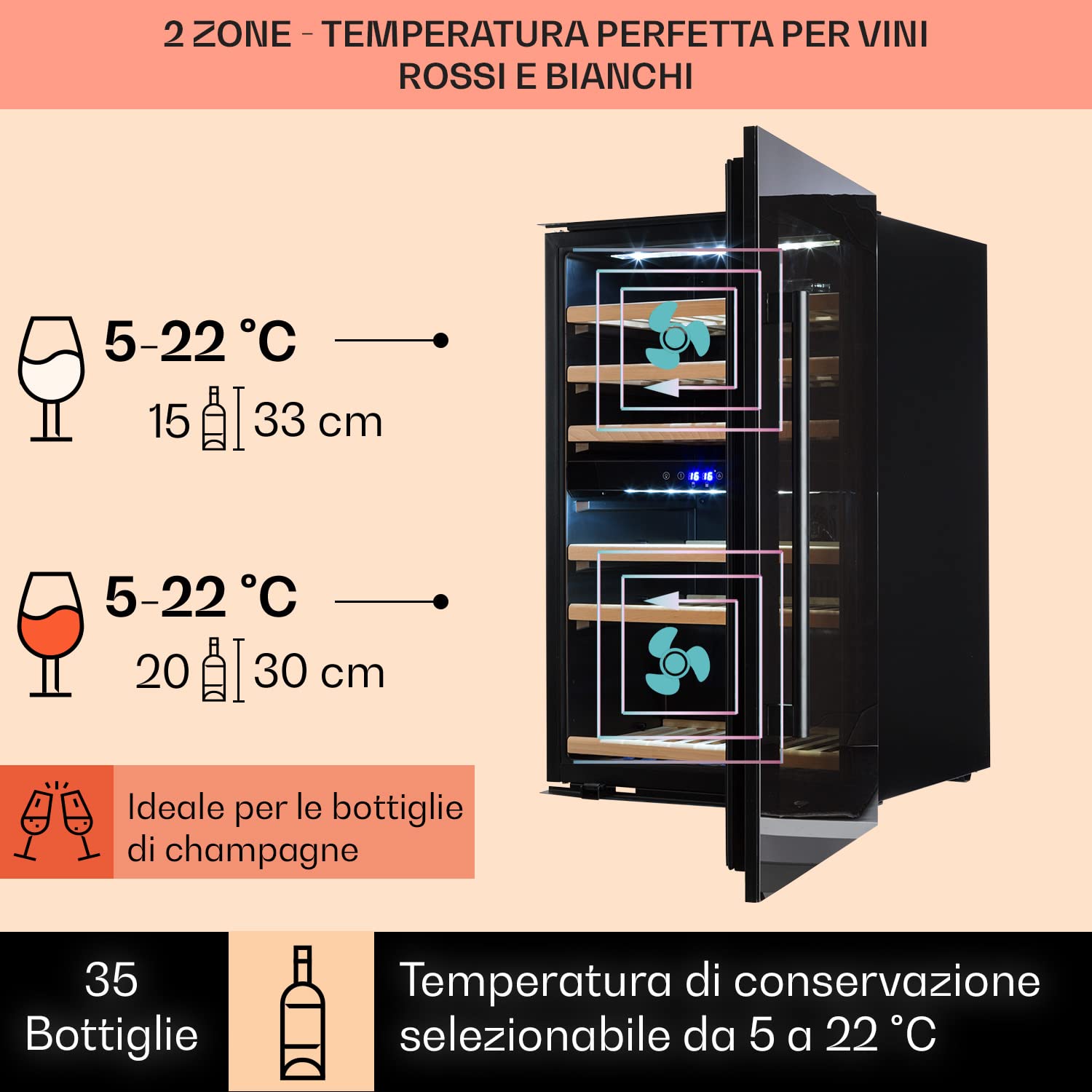 KLARSTEIN Cantinetta Vino Design da Incasso, Refrigerata a Zona Doppia per Vino Rosso, Bianco e Birra, Controlli Touch, Frigo per Esterno/Interno, 132L, 35 Bottiglie
