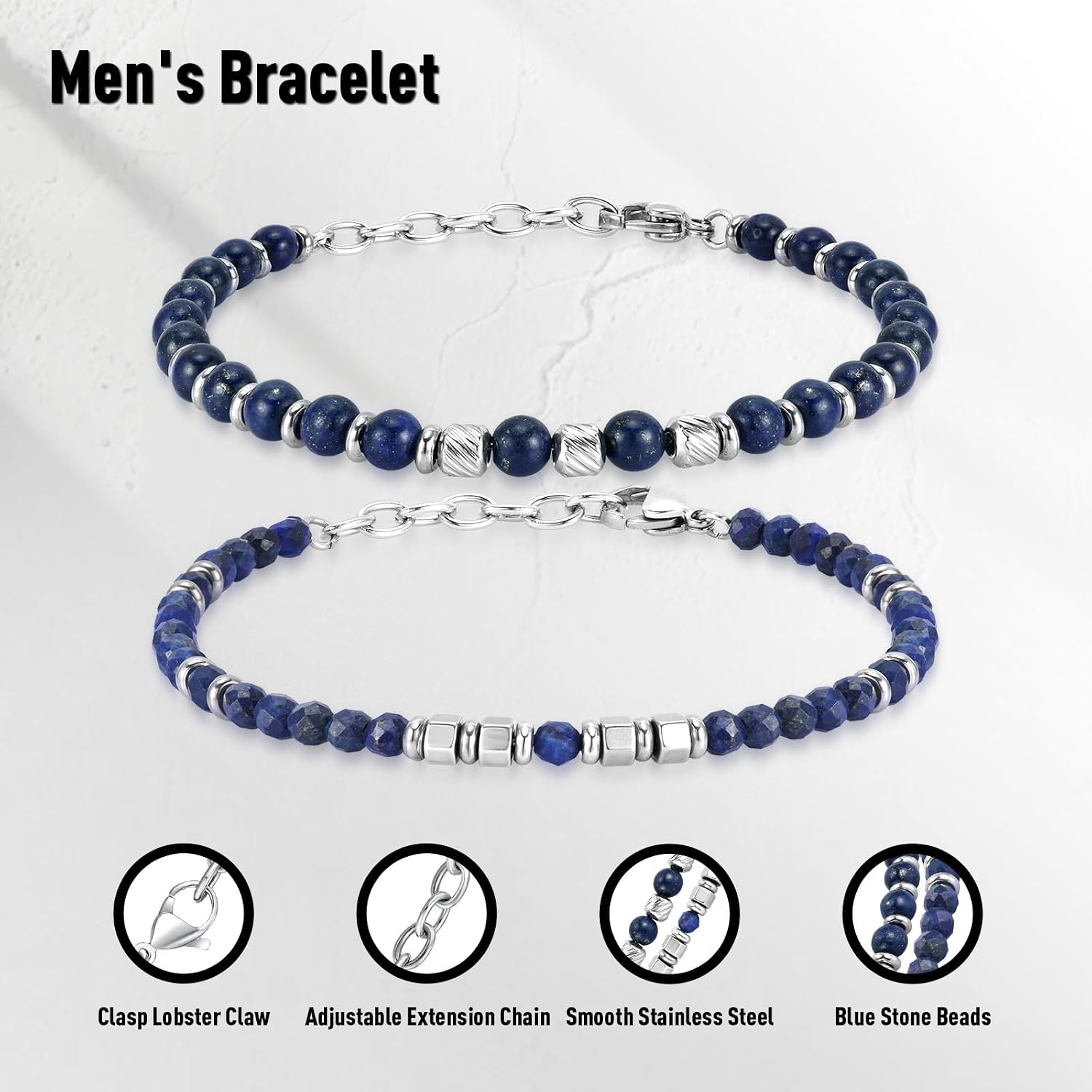 Beaded Bracelets 2pcs for Men, Link Chain Stainless Steel Bracelet for Men, Charm Jewelry for Birthday Annivesary Christmas Valentines, Dad Husband Boyfriend,Casual Trendy Cool Adjustable
