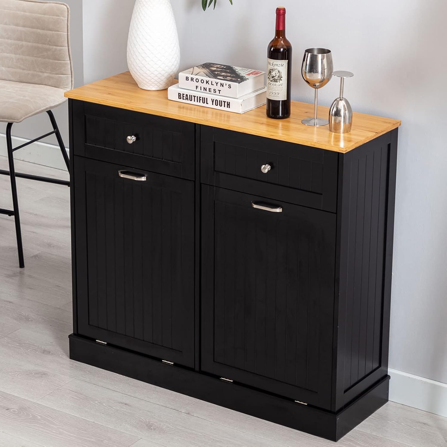 SUVIEHOME Double Tilt Out Trash Cabinet Free Standing 10 Gallon Recycling Trash Can Cabinet for Farmhouse Kitchen,Living Room, Dining Room (Black)