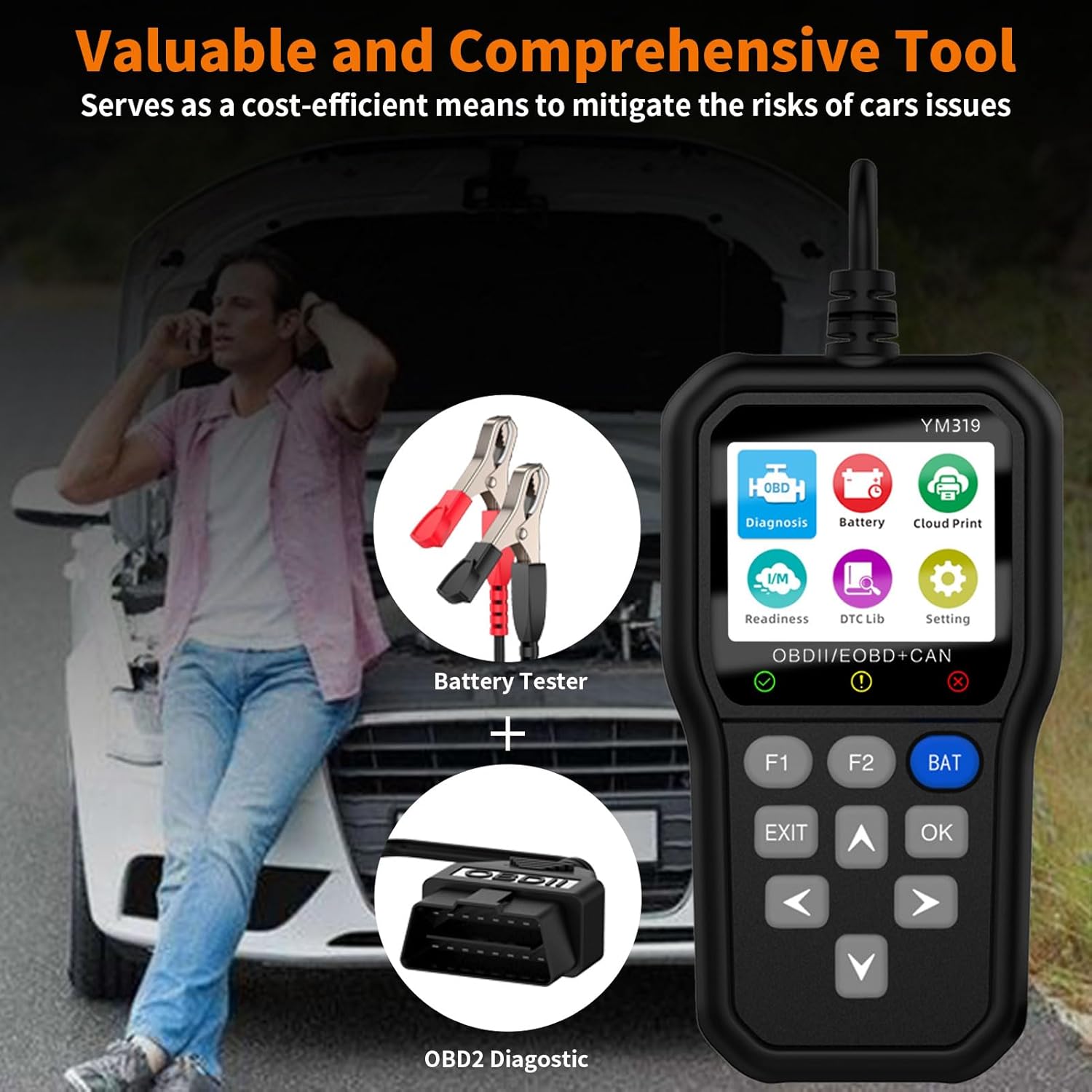 OBD2 Scanner Battery Tester Diagnostic Tool, Enhenced IPS Color Screen Car Code Reader CAN Engine Check Clear Fault Light, Scan Auto Battery Voltage/Life, Cloud Printer for All OBDII Cars Since 1996