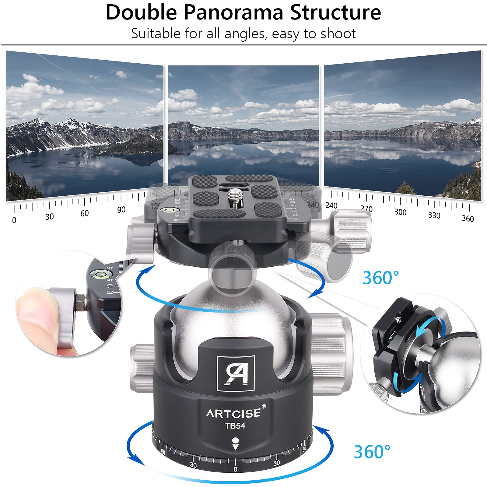 ARTCISE QB54 Low Profile 54mm Ball Head For Tripod - CNC Aluminum, 360 Panoramic, Quick Release
