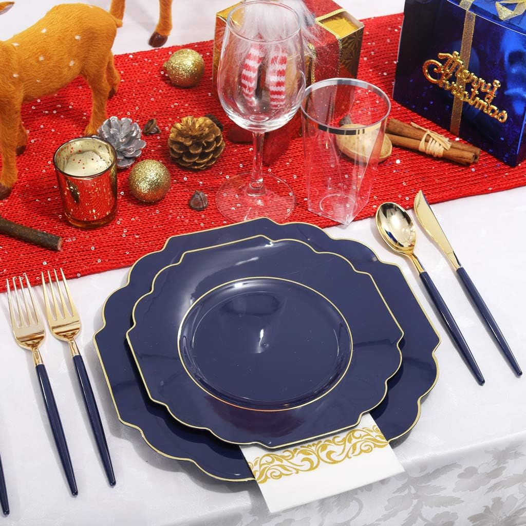 Nervure 140PCS Blue Plastic Plates & Gold Plastic Silverware with Blue Handle - Gold Plates Include: 40Plates, 20Forks, 20Knives, 20Spoons, 20Cups, 20Napkins Perfect for Party & Father's Day - Image 5