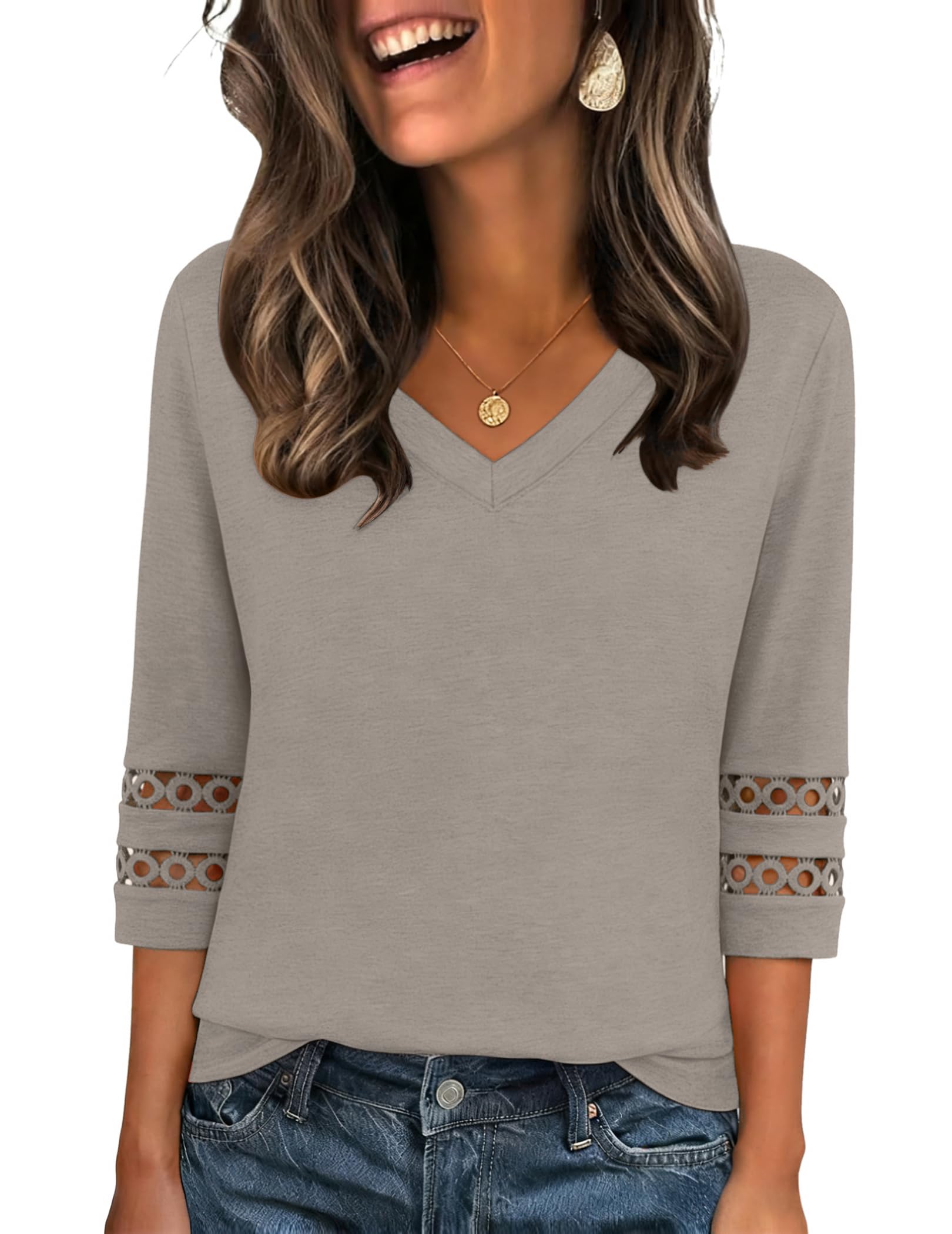 Zeagoo Bluse Damen 3/4 Arm Elegant Shirt V Ausschnitt Oberteil Lochstickerei Tunika Sommer Locker Blusenshirt S-3XL