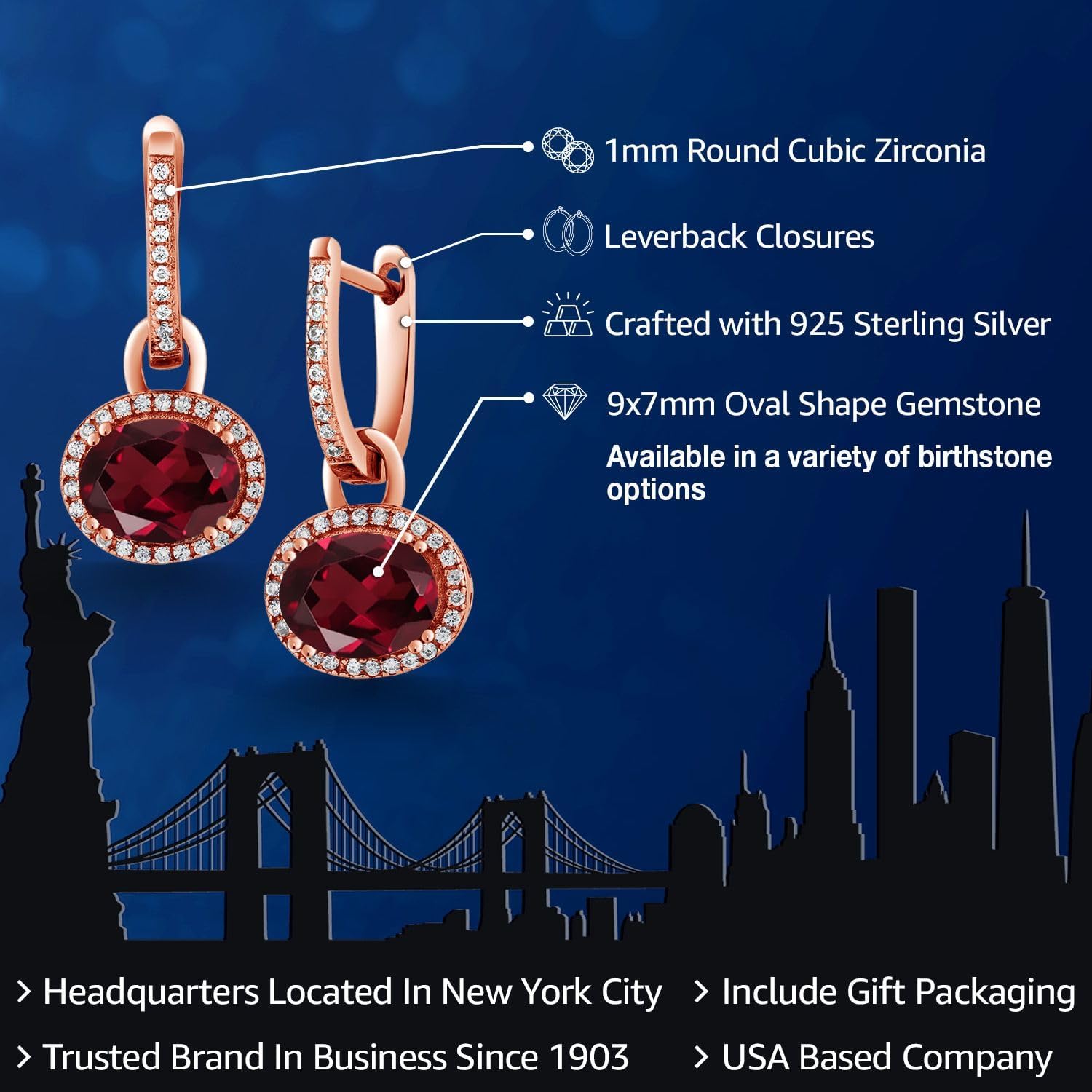 Gem Stone King 18K Rose Gold Plated Silver Gemstone Birthstone Halo Leverback Earrings | Oval 9X7MM | Drop Dangle Earrings for Women | Fine Jewelry Gifts for Her Mom Women Wife - Image 2