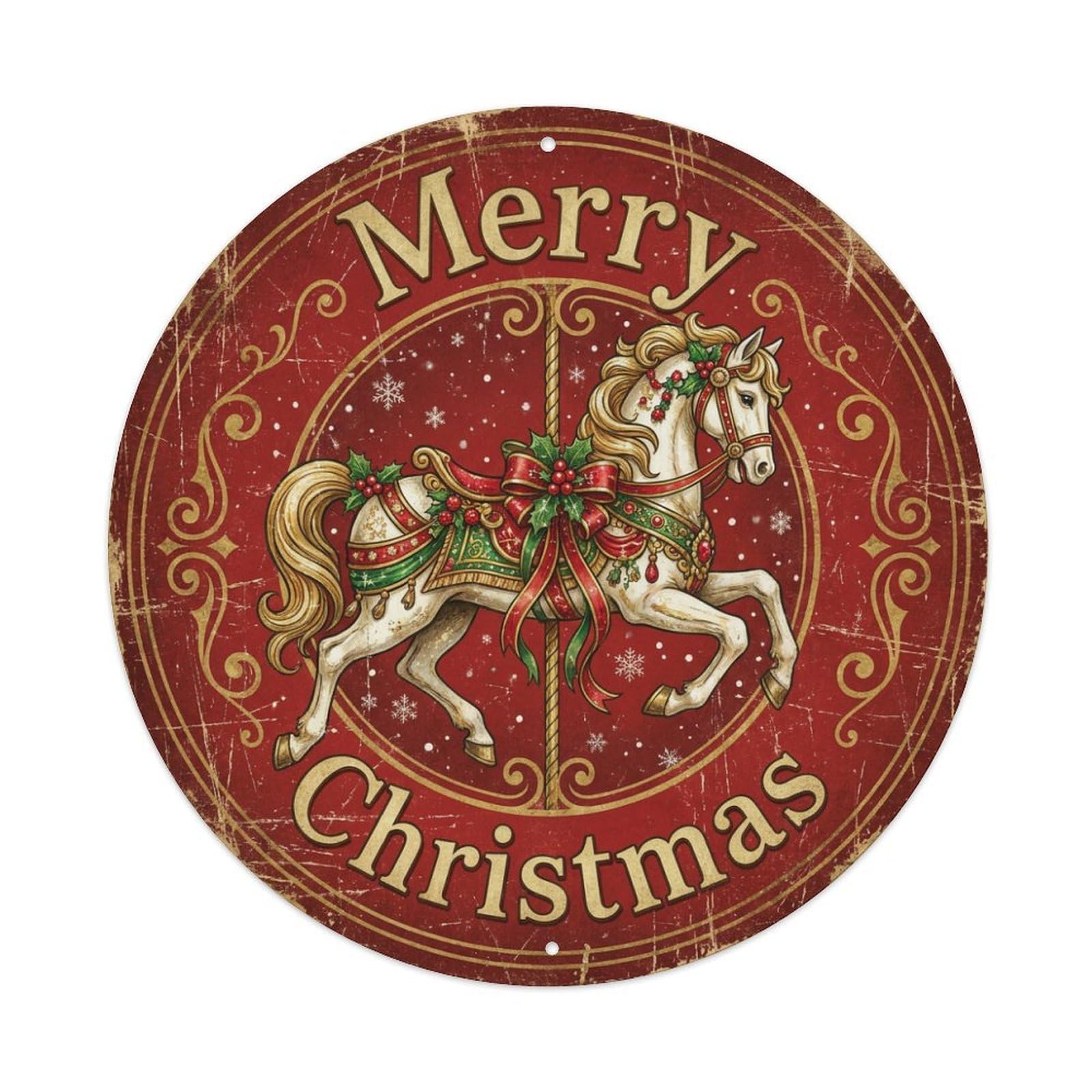 Merry Christmas Vintage Carousel Horse Metal Tin Sign