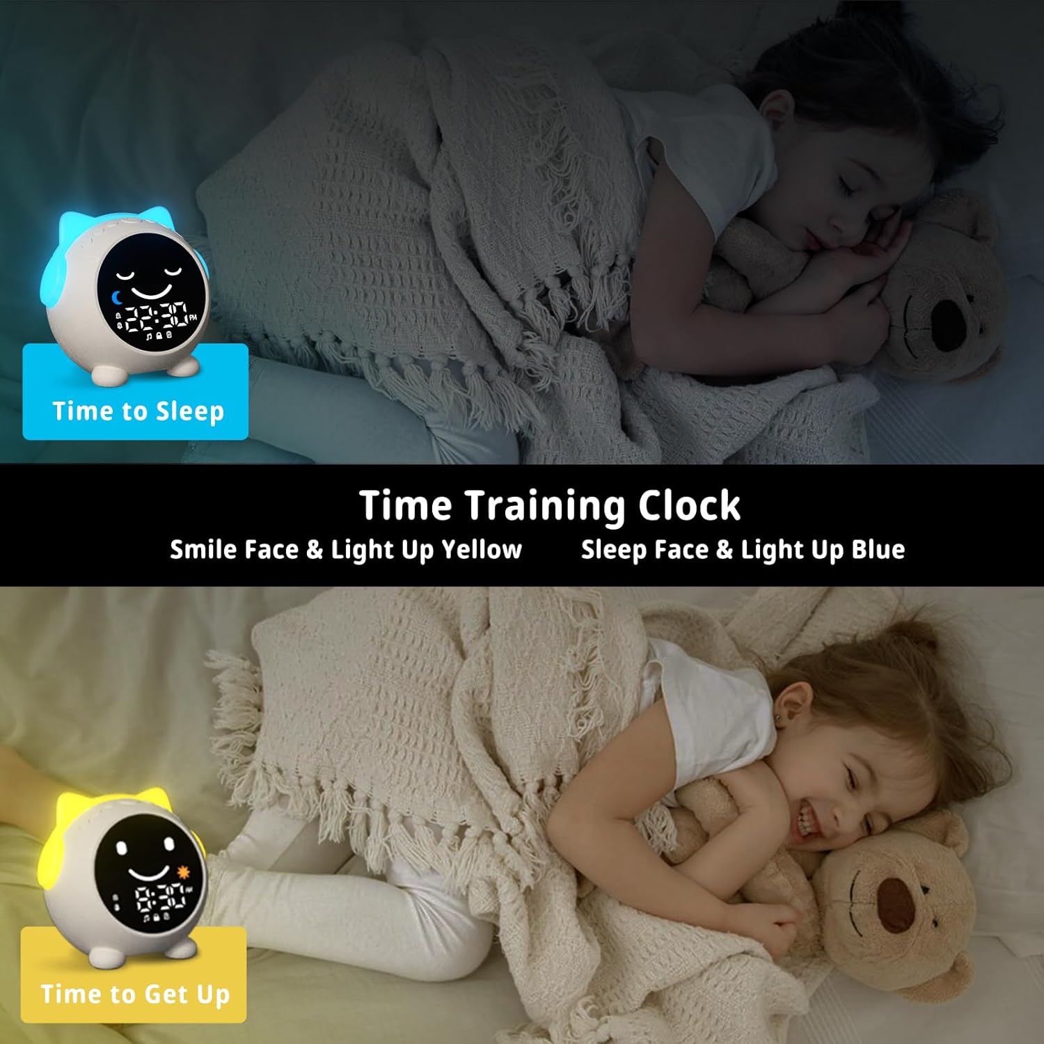 MRSCOZ Sleep Training Clock showing 'Time to Sleep' with blue light and closed eyes, and 'Time to Get Up' with yellow light and open eyes