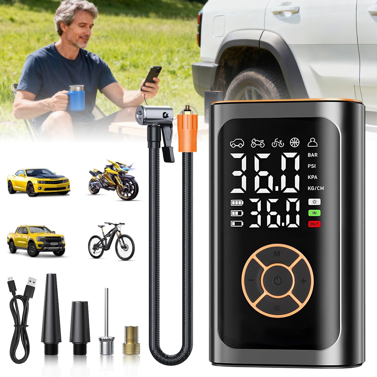 Pompa Portatile per compressore d'Aria per gonfiaggio Pneumatici | Para manometro digitale Per auto, bici,