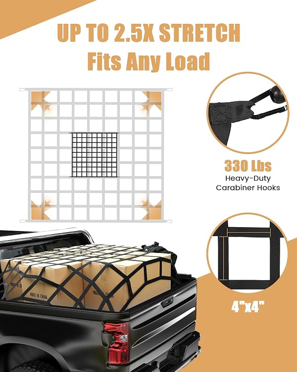 The First Flat Bungee Cargo Net for Pickup Truck Bed, 4' x 4' Stretches to 10' x 10', 25 MM Heavy Duty Cargo Net with 2 Using Modes, for Dodge RAM, Ford, Chevy, Toyota, etc by LuckyStraps - Image 3