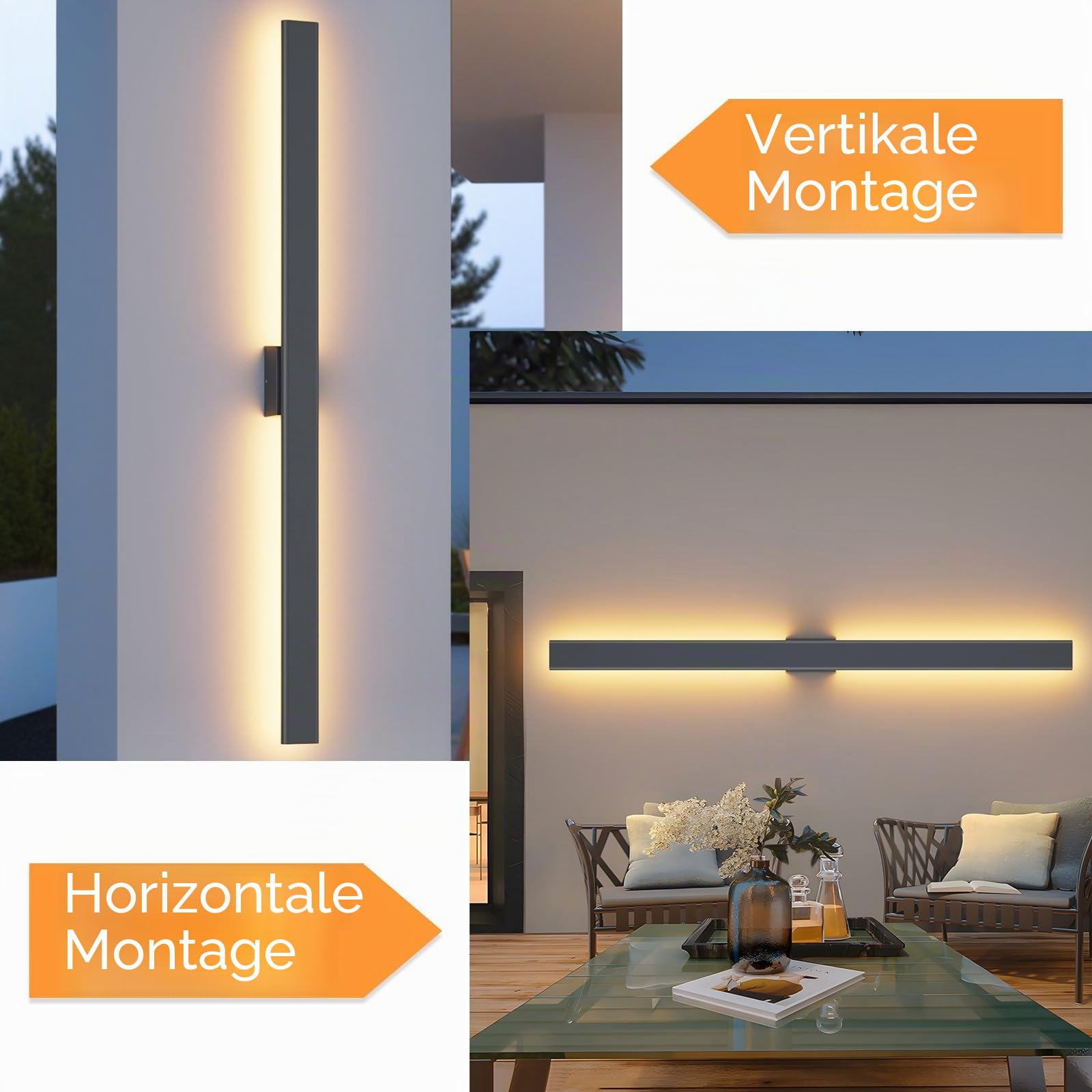 Klighten Wandleuchte Aussen 120CM/35W Wasserdicht IP65 Aluminium Außenwandleuchten 3000K 4000K 6000K, Lange Villa Aussenlampe für Villa, Garten, Terrasse, Balkon, Patio (Anthrazit)