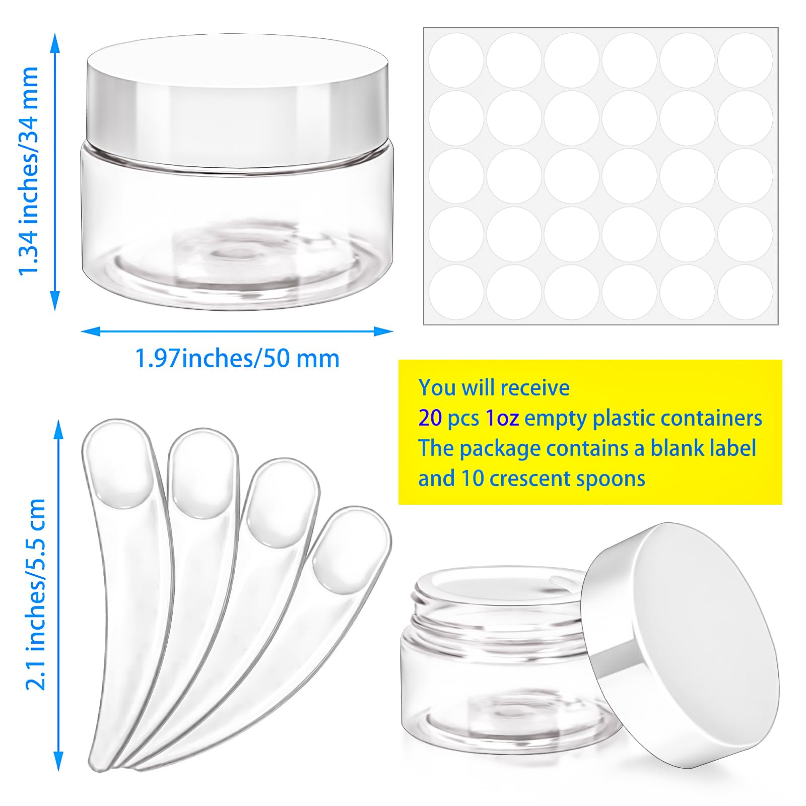 Paquete de 20 tarros de plástico de 1 onza, tarros de tamaño de viaje de 30 ml con tapas, frascos pequeños de 30 g para cosméticos de viaje para artículos de tocador, crema, maquillaje