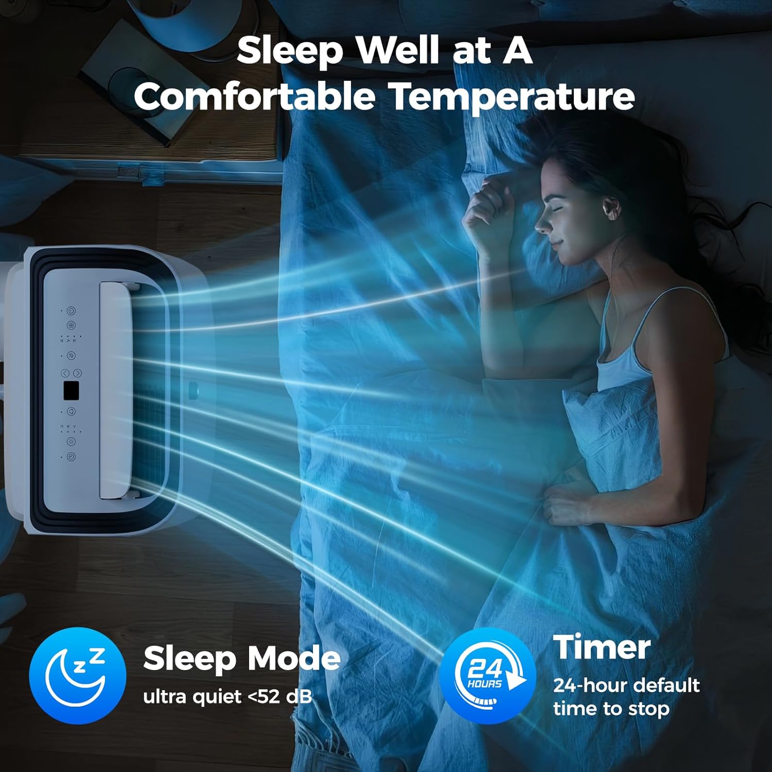 Image of a person sleeping comfortably with the portable AC unit operating quietly in Sleep Mode.