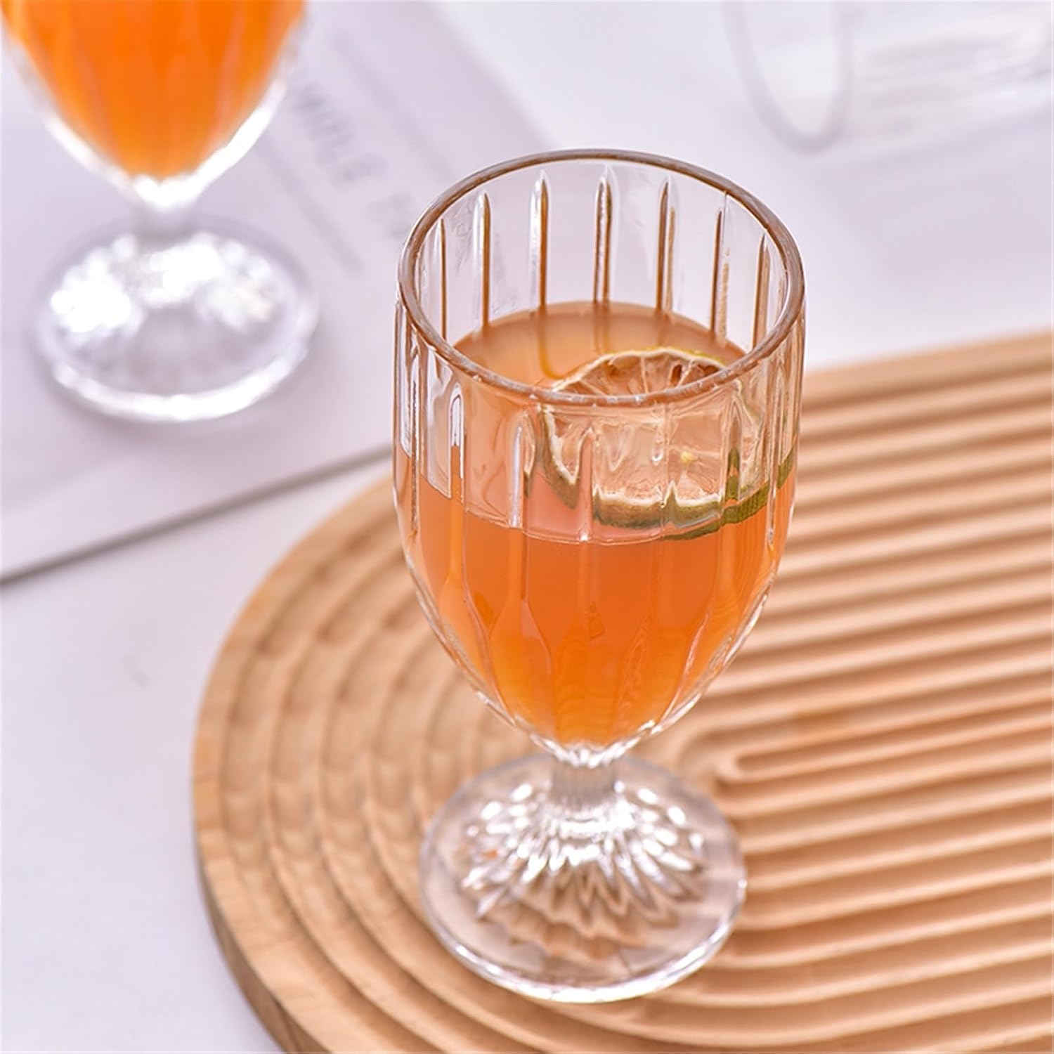Glass Tea Cup Vertical Striped Glass Goblet, 11Oz Clear Embossed Stemmed Glasses for Juice Beverage Cocktail Wine Champagne Cappuccino Cups