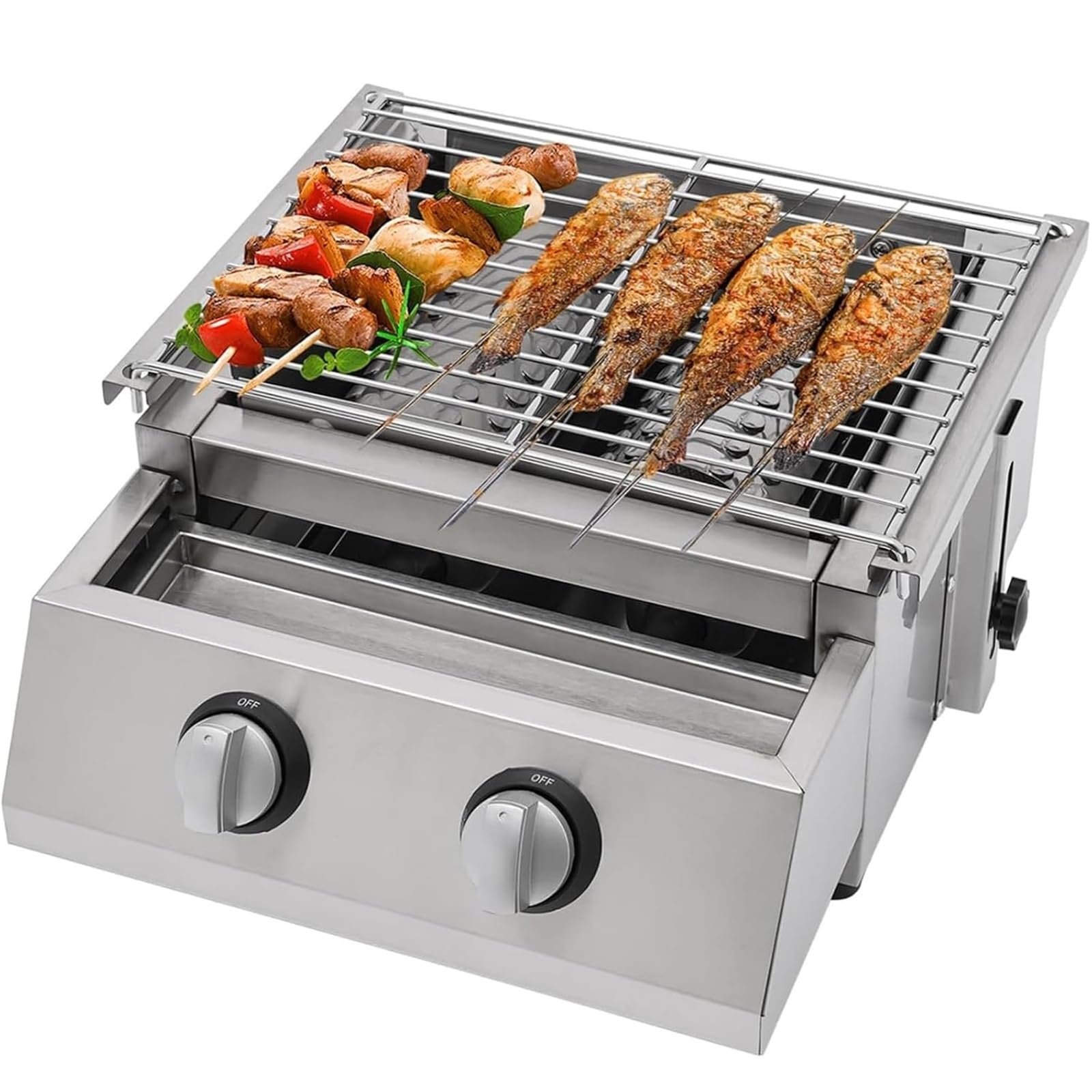 Dwupalnikowy grill gazowy Deluxe ze składanymi stolikami bocznymi, przenośny grill gazowy LPG, elektroniczny zapłon, regulacja wysokości, zewnętrzna kuchenka stołowa do grillowania