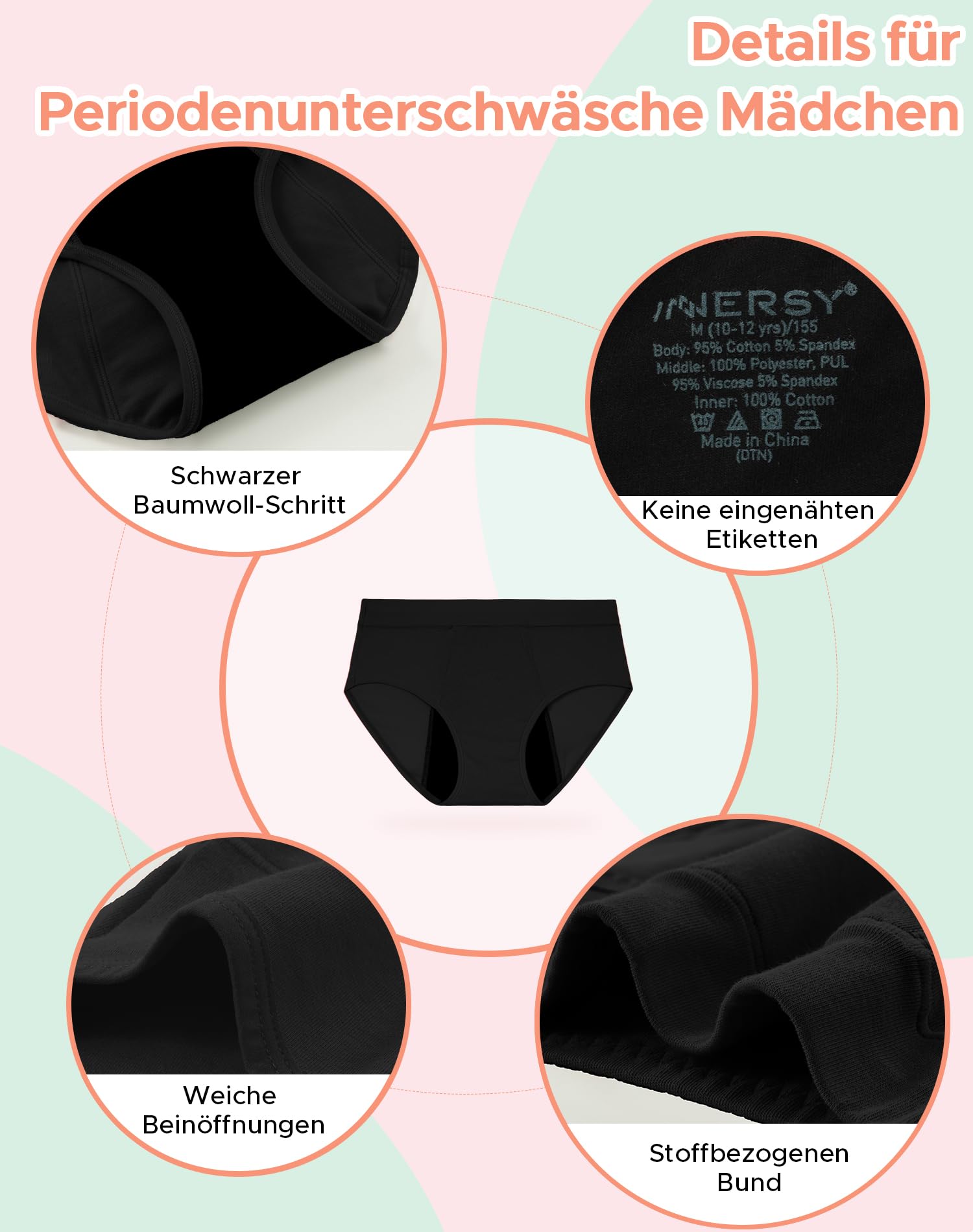 INNERSY Mutande Mestruali Ragazza Flusso Abbondante Slip Ciclo Mestruale Cotone 10-18 Anni Pacco da 3
