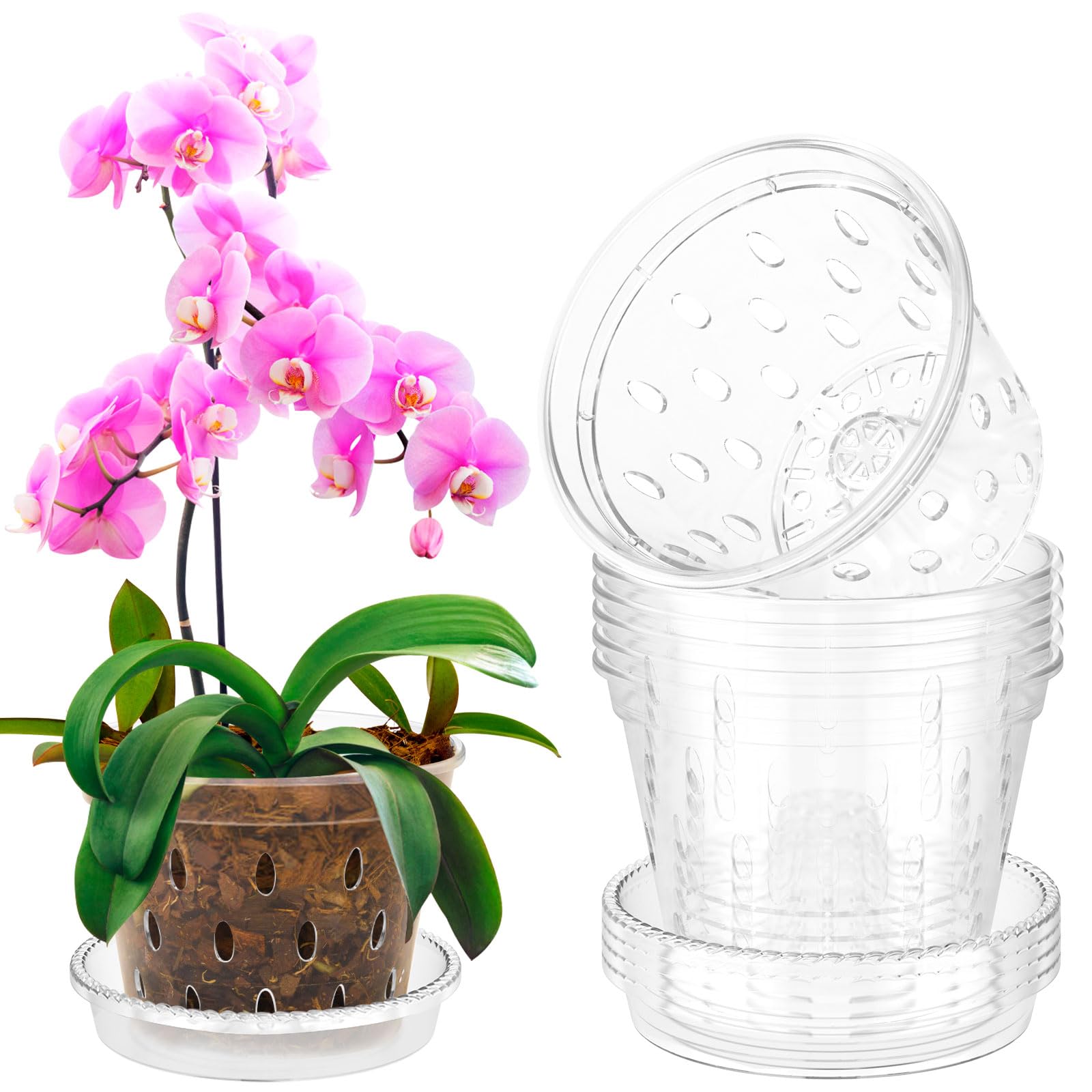 Nihuifdpy Transparent 5Pcs Orchid Pot For Repotting 4 Inch Slotted Orchid Planter Pots With Holes And Saucers Plastic Clear Nursery Pots For Orchids Repotting Kit(4 Inches)