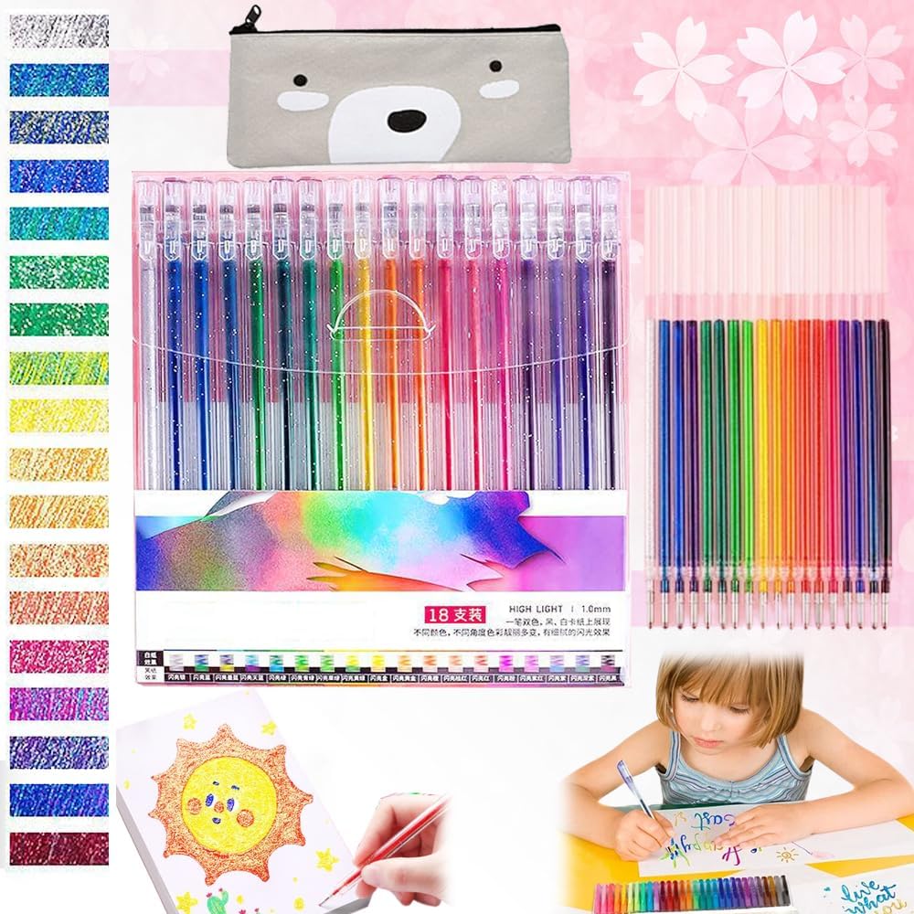 Topsnova Glitter Gel Pen Set, Glitter Pens for Adult Coloring Book, 3D Jelly Pen, Multi Colored Gel Pens Fine Point Sparkle Markers for Drawing Writing Doodling (18Colors+18Refills)