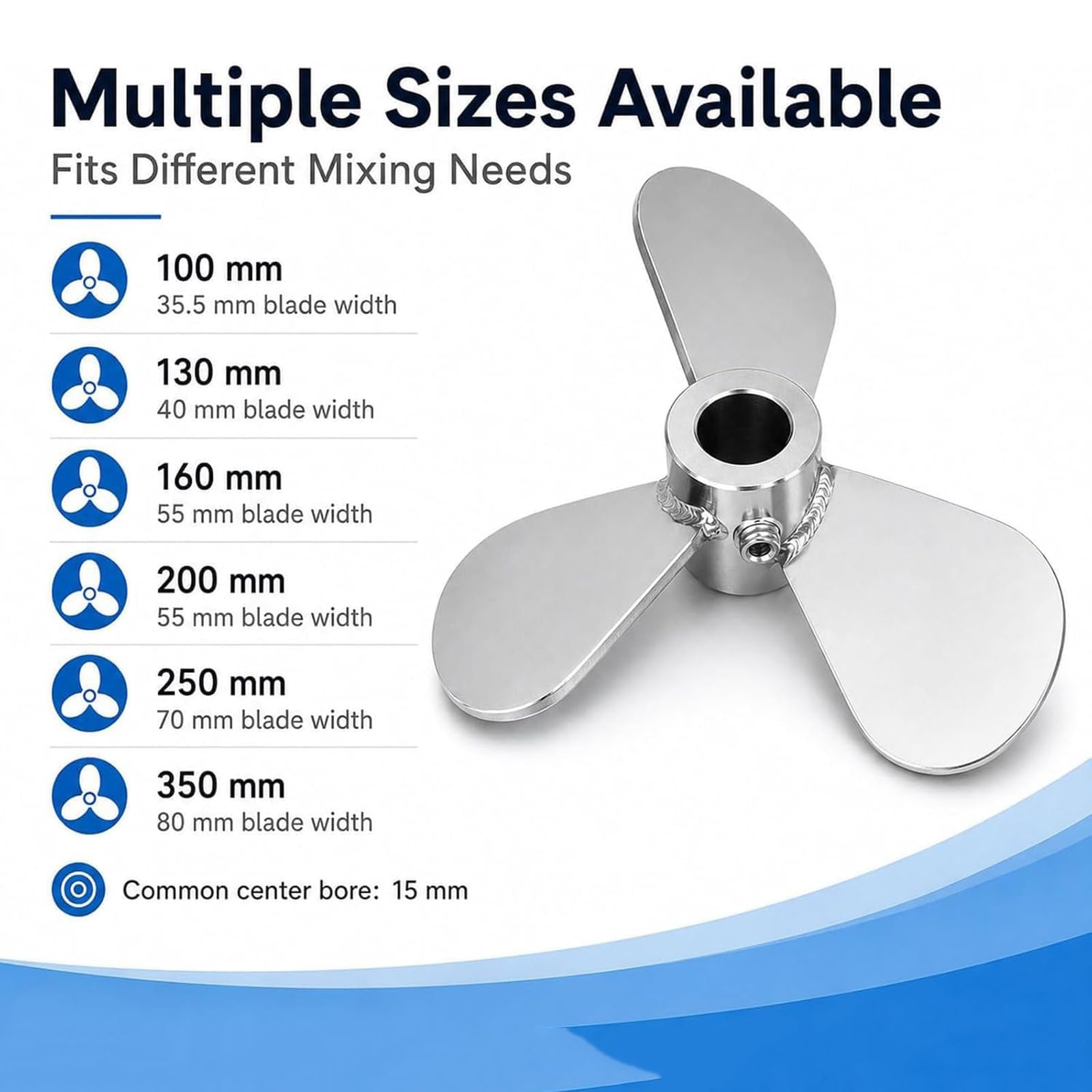 Aspa de Hélice para Mezclador, Hélice de Mezcla de Tres Palas de Acero Inoxidable 304 con Eje de 15 Mm, Paleta de Agitación de Repuesto para Mezcladores IBC, Neumáticos y de Tanque (160 Mm)