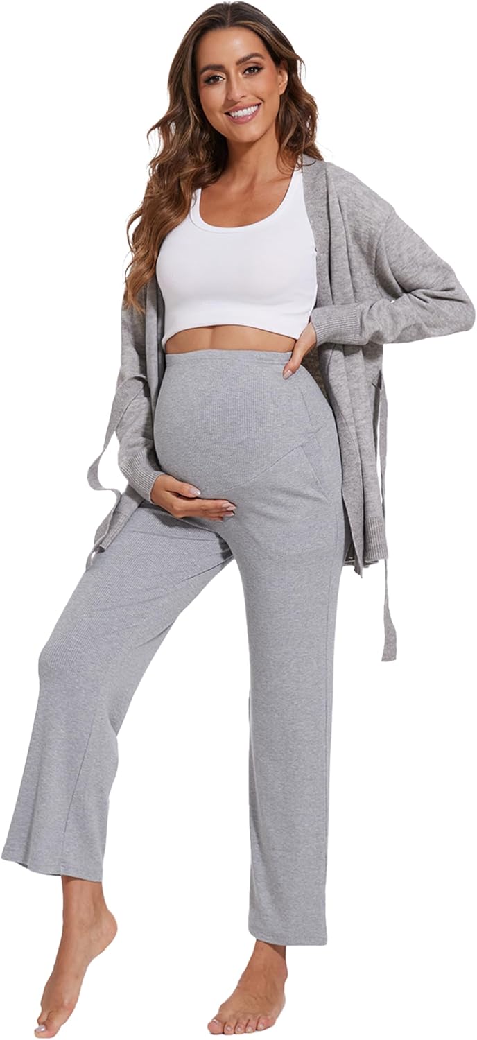 Liu & Qu Womens Maternity High Waisted Lounge Pants Casual Stretchy Ribbed Palazzo Pants Pregnancy Trousers with Pockets - Image 6
