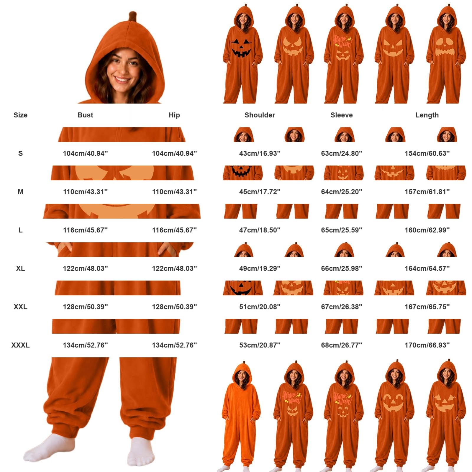 Pigiama Intera Halloween Donna, Costume Halloween Zucca con Cappuccio, Tuta Onesie in Pile Decorazioni, Pigiama Completo Adulto da Casa per Carnevale, Festa, Cosplay, Natale e Serate a Tema