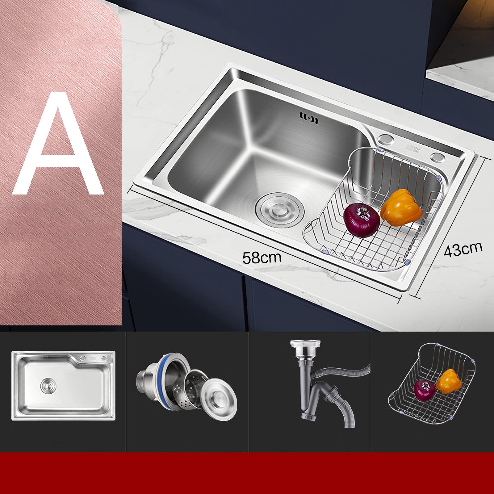 Lavello in Acciaio Inox, lavello da Cucina a Vasca Singola, lavello sottopiano per postazione di Lavoro da 24 Pollici, con componenti di Scarico, cestello a griglia, Adatto per Balcone, RIST