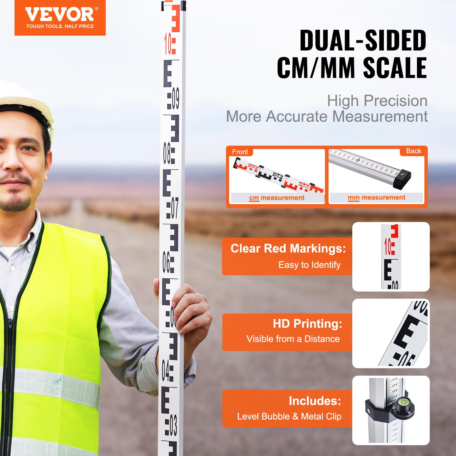 VEVOR Varilla de Medición Telescópica de Aluminio de 4 m, Escala de Doble Cara en cm/mm, Varilla de Nivelación, con Nivel de Burbuja y Bolsa de Transporte para Medir Paredes y Pisos, 4000 x 57 x 35 mm