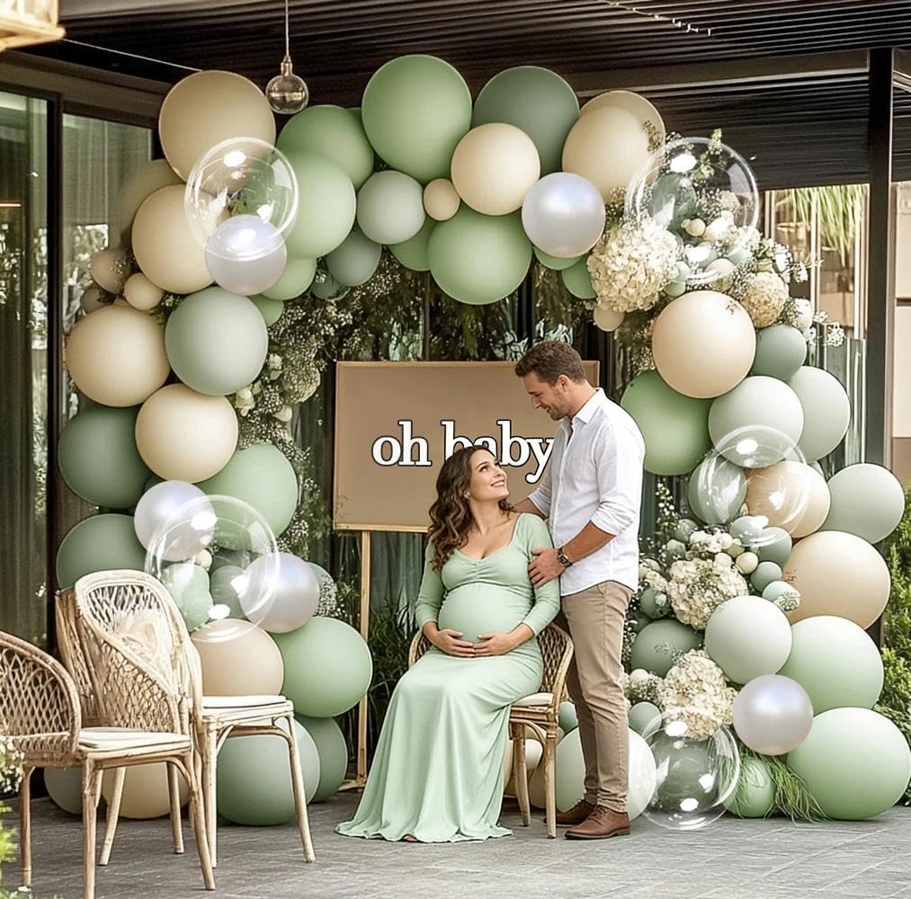 Dusty Green White Balloon Arch Double Stuffed Light Sage Green White Sand Pearl Balloon Garland Kit Olive Beige Cream Balloons for Baby Shower Birthday Bridal Wedding Woodland Wild One Party Decor