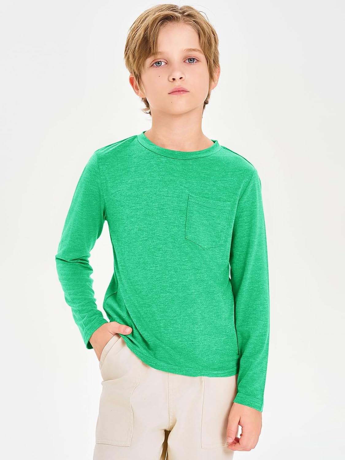 Haloumoning Boys Long Sleeve Shirts Kids Crewneck T Shirts Casual Tops Tees with Chest Pocket 5-14 Years - Image 4