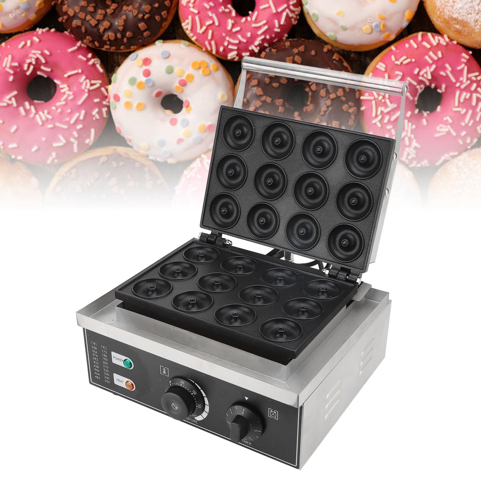 TOPINCN Máquina Comercial para Hacer Donas, Máquina Eléctrica para Hacer Donas, 12 Agujeros, 1500 W, Revestimiento Antiadherente de PTFE, Acero Inoxidable con Temporizador y Luz L (Enchufe europeo