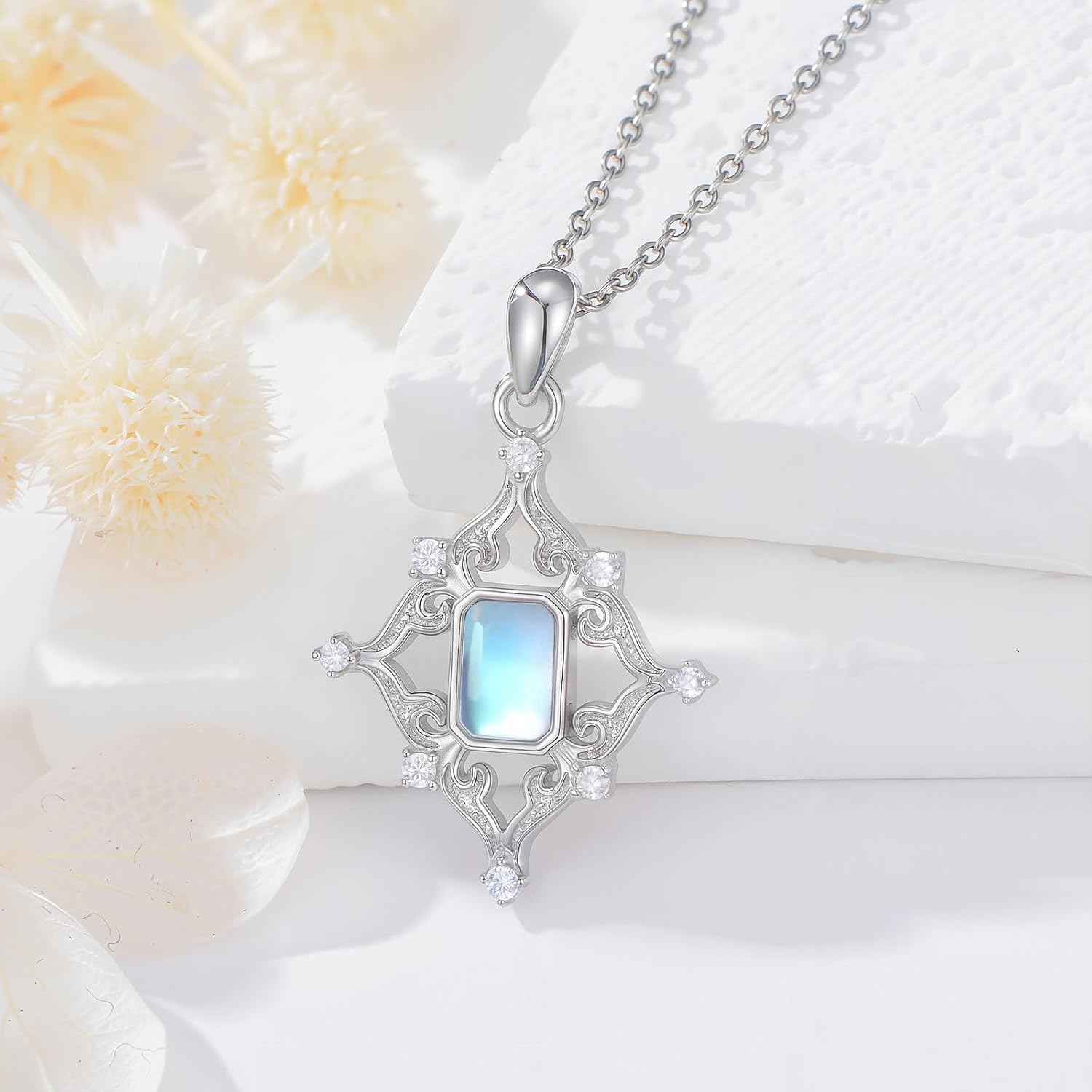 925 Sterling Silver Moonstone Pendant Necklace, Retro Vintage Moonstone Necklace for Women, Jewelry Gift for Mother's Day, Birthday Anniversary Christmas, with 18+2inch Chain - Image 2