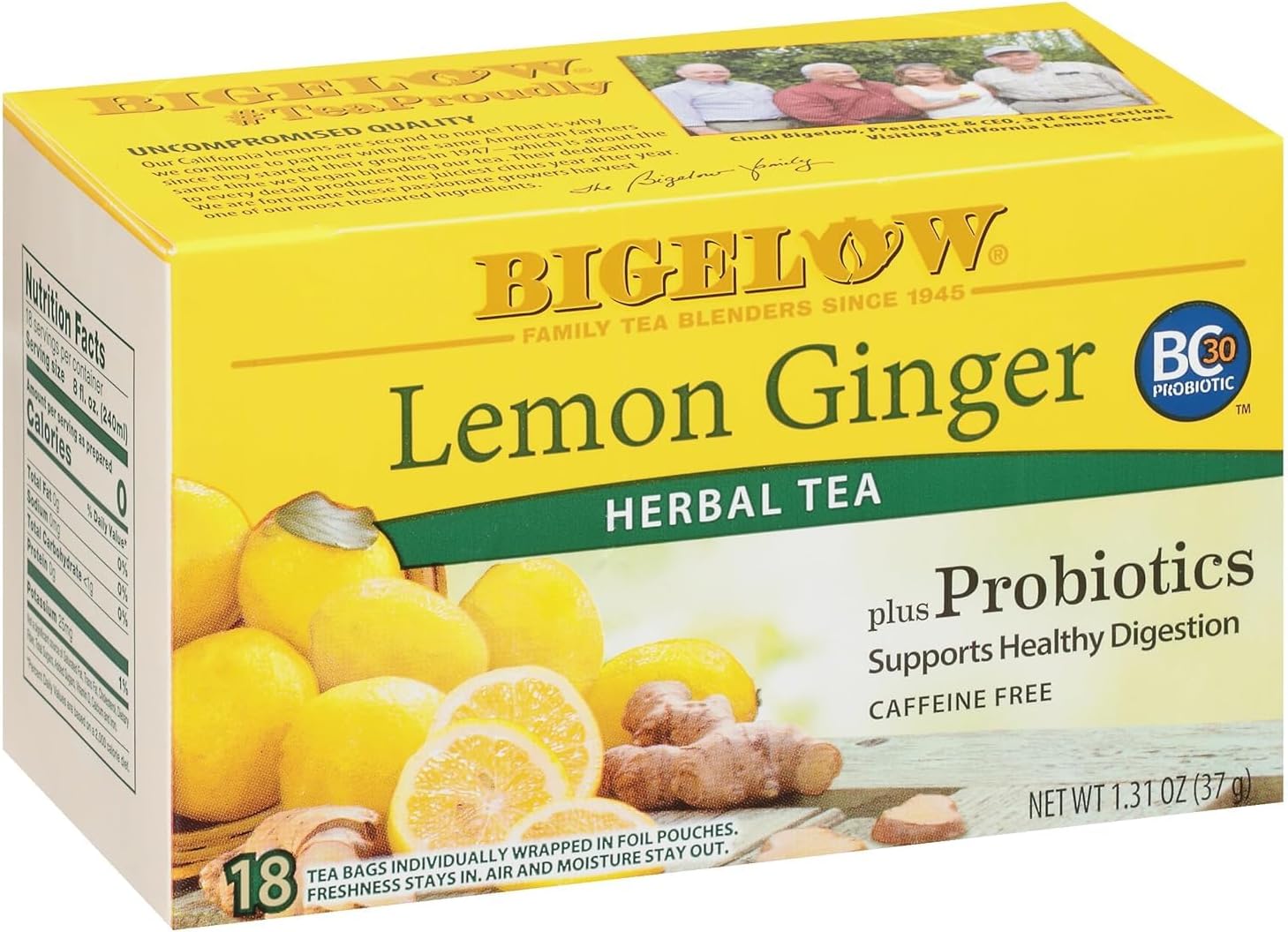 Bigelow Lemon Ginger Herbal Tea plus Probiotics, Caffeine Free, Supports Healthy Digestion, 18 Tea Bags, 37g (Product Of USA) From DECADENT FOODS STORE