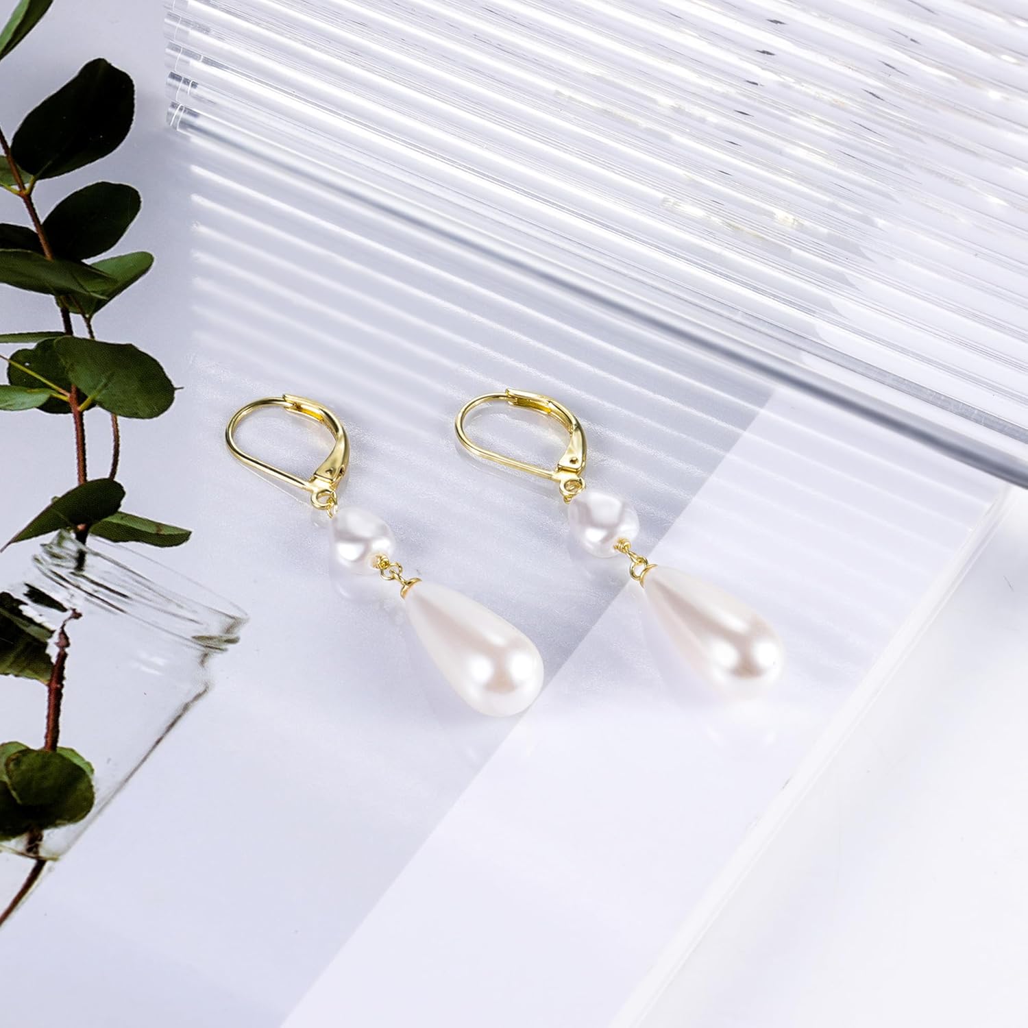 14K Gold Pearl Dangle Earrings for Women，925 Sterling Silver Double Pearl Drop Earrings，Leverback Irregular Pearl Hypoallergenic Earrings - Image 7