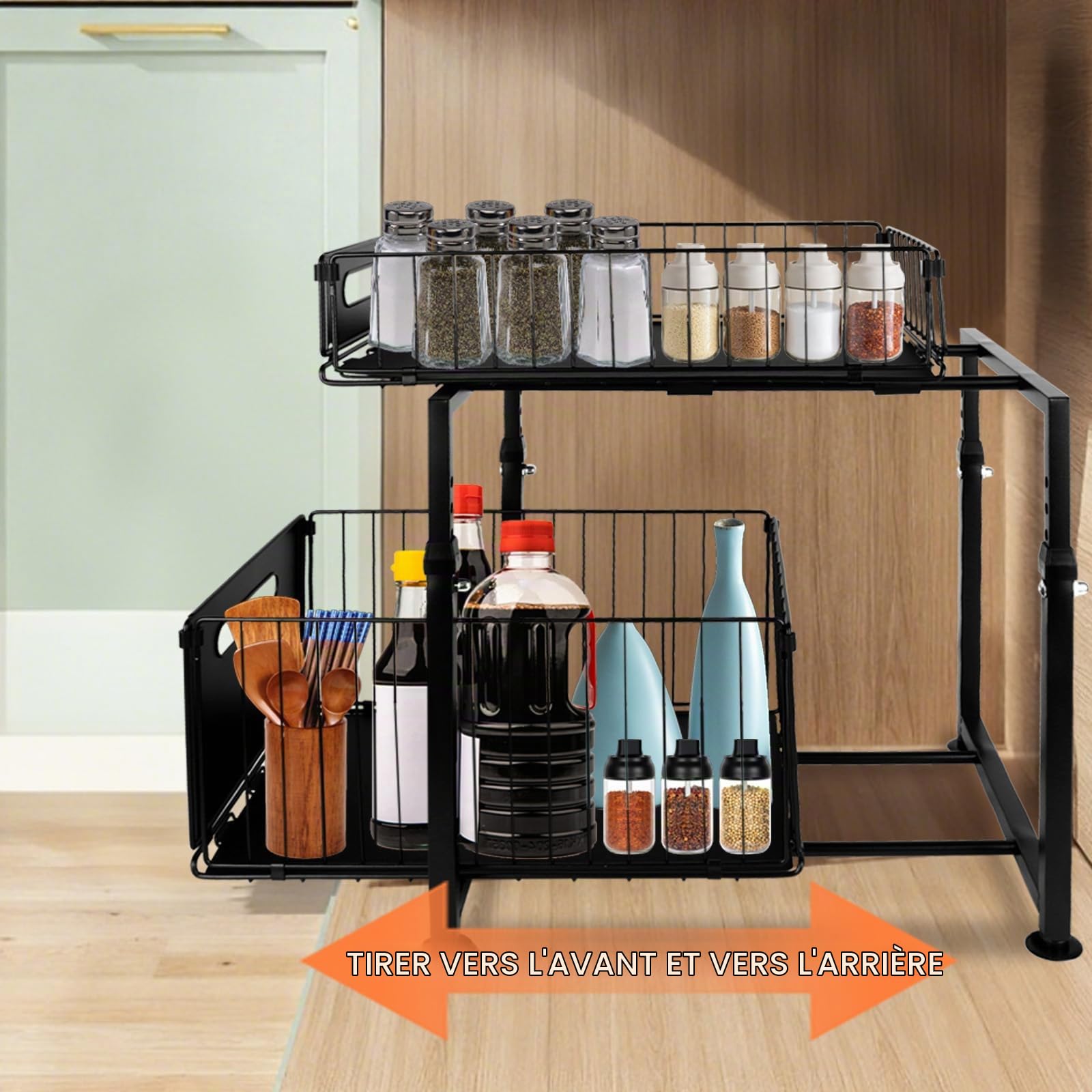 HUOLE Organisateur sous Evier Cuisine, Meuble De Rangement, Rangement Coulissant sous Evier Réglable en Hauteur, pour Cuisine Et Salle De Bain,29 x 38 x 49 cm (Noir)