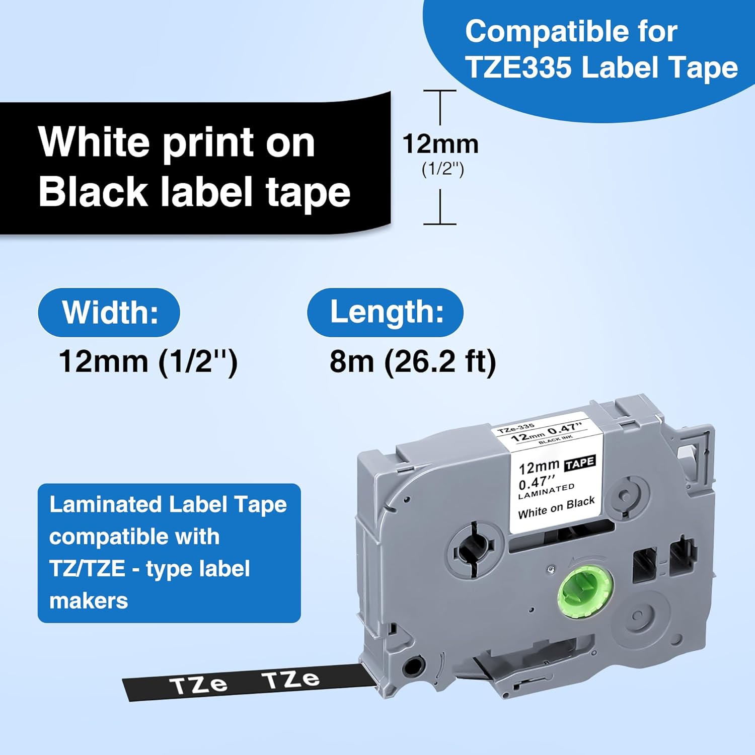 TZE-335 Compatible Label Tape Replacement for Brother TZe-335 TZe335 Label Maker Tape, White on Black, Use for PT-D200 PT-D210 PTH100 PT-D400, 0.47" x 26.2'(12mm x 8m), 5 Packs New - Image 2