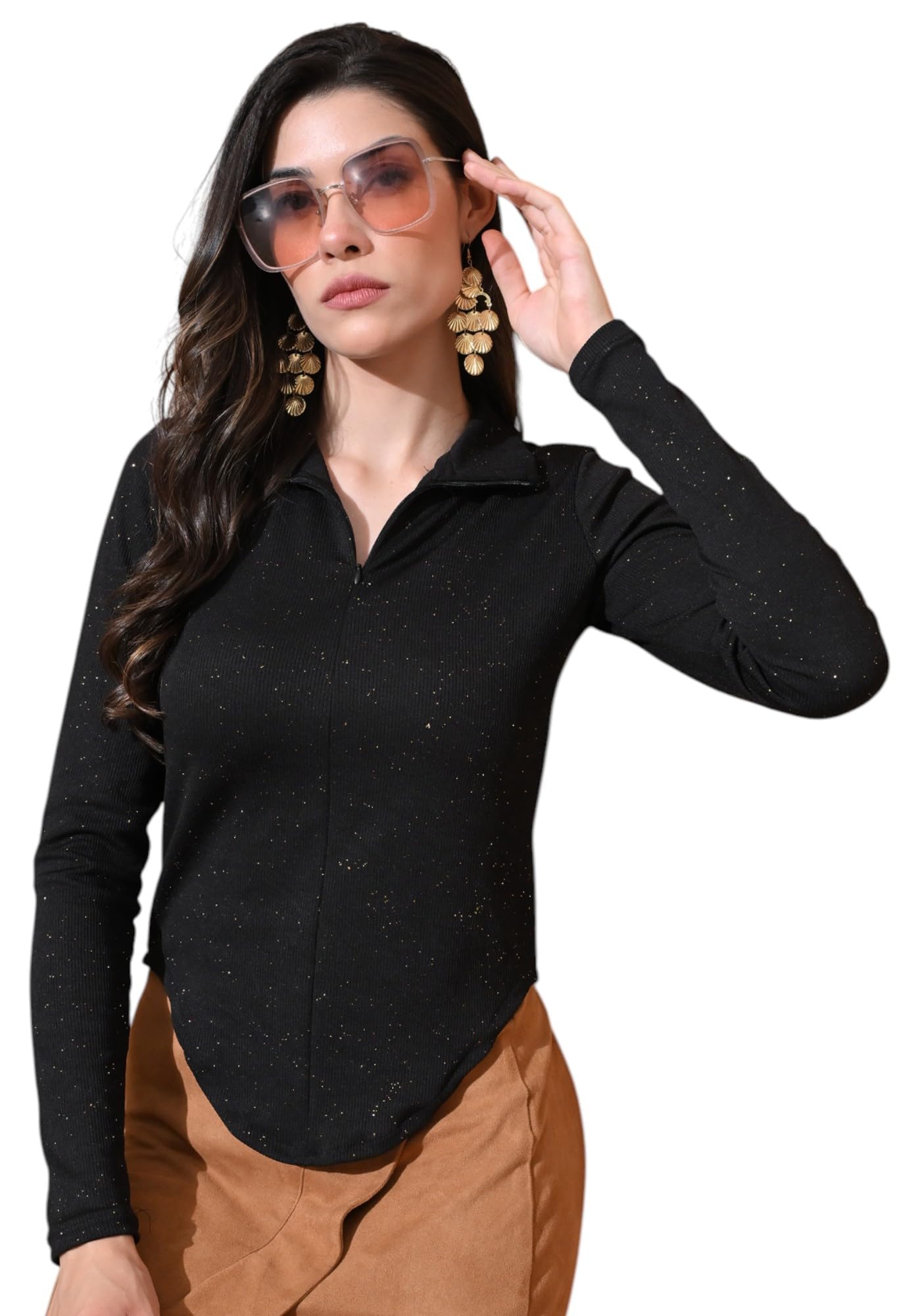 iuga Women's Black Ribbed Slim Fit Collared Stretchable Full Sleeve Top-picture-37