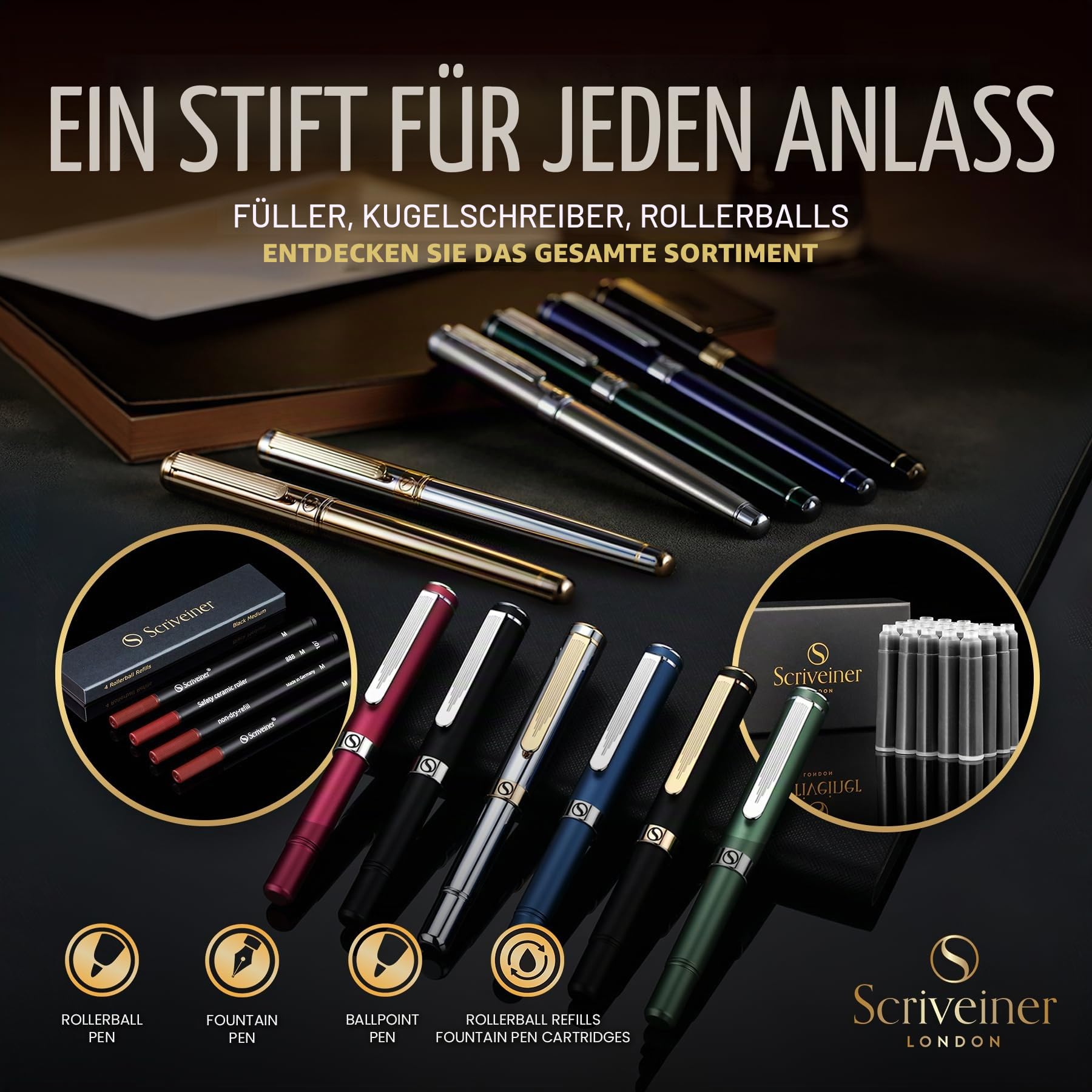 Scriveiner Luxus EDC Füllfederhalter (Mittel), Mattrot Taschenfüller, verchromt, deutsche Schmidt Mine, Konverter, bestes Schreibgeräte-Geschenkset für Mann und Frau, Designerstift fürs Büro