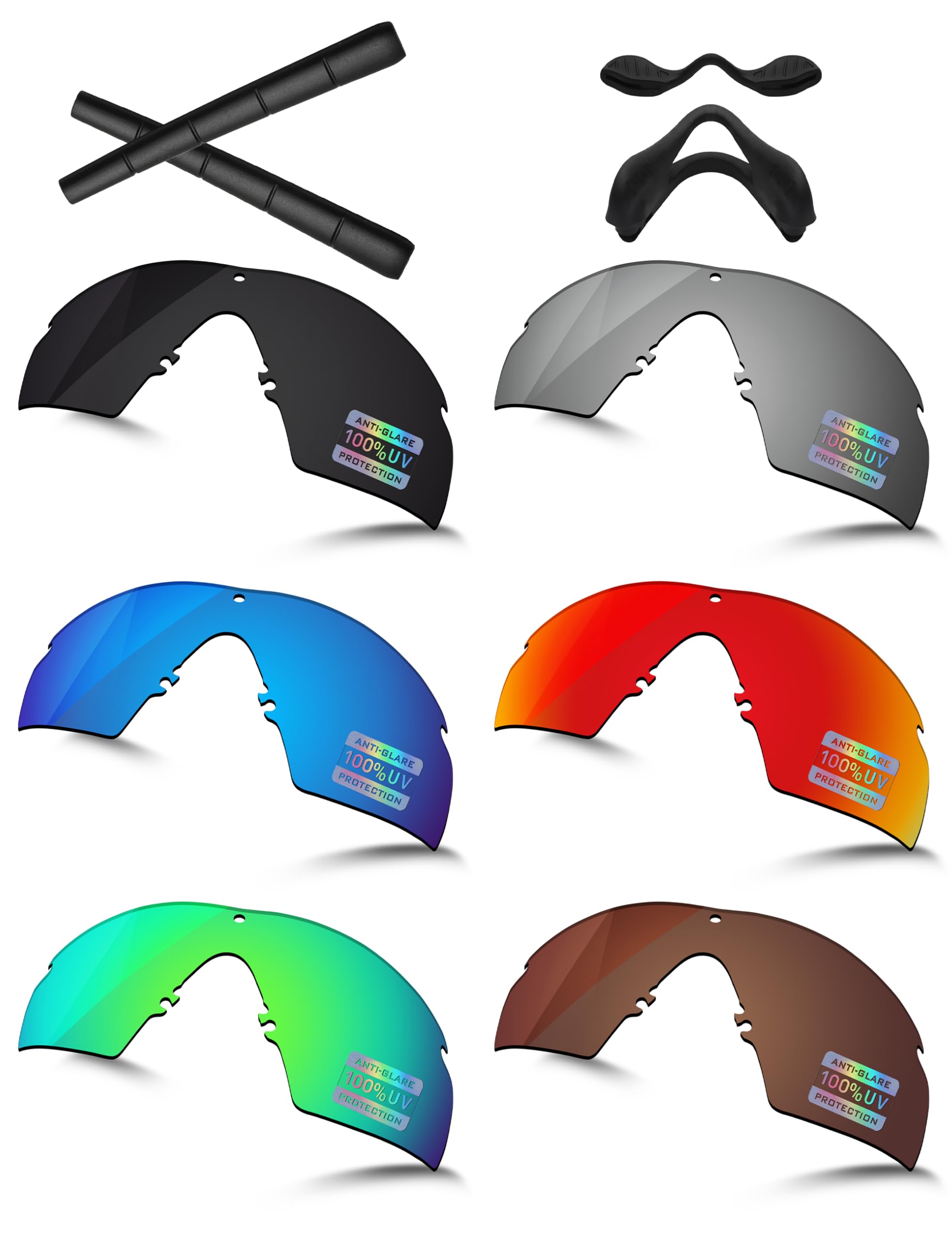 Bowyer Kit di 6 lenti polarizzate di ricambio e gomma per occhiali da sole Oakley Si M Frame 2.0 OO9047, nero + specchio titanio + specchio blu surf + specchio rosso fuoco + specchio verde giada +
