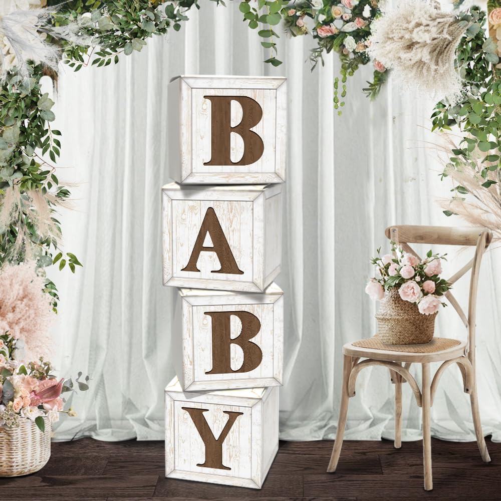 Baby Shower Boxes for Gender Reveal Party Gender Neutral Baby Shower Centerpiece Decor,Wood Grain Boxes with Baby Letters,Baby Shower Supplies, Gender Reveal Backdrop