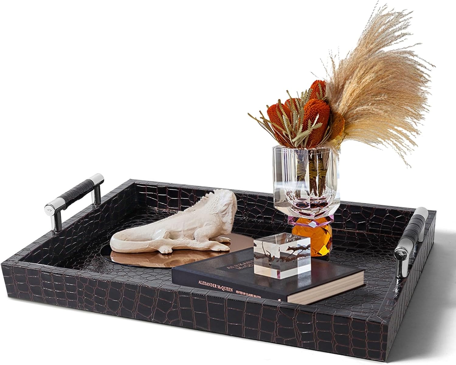 SXNOWS Faux Leather Rectangle Serving Tray with Handles, Large Decorative Tray for Ottoman Coffee Table Decor Living Room, Kitchen, Bathroom, 16x12inches (Dark Brownish Red)