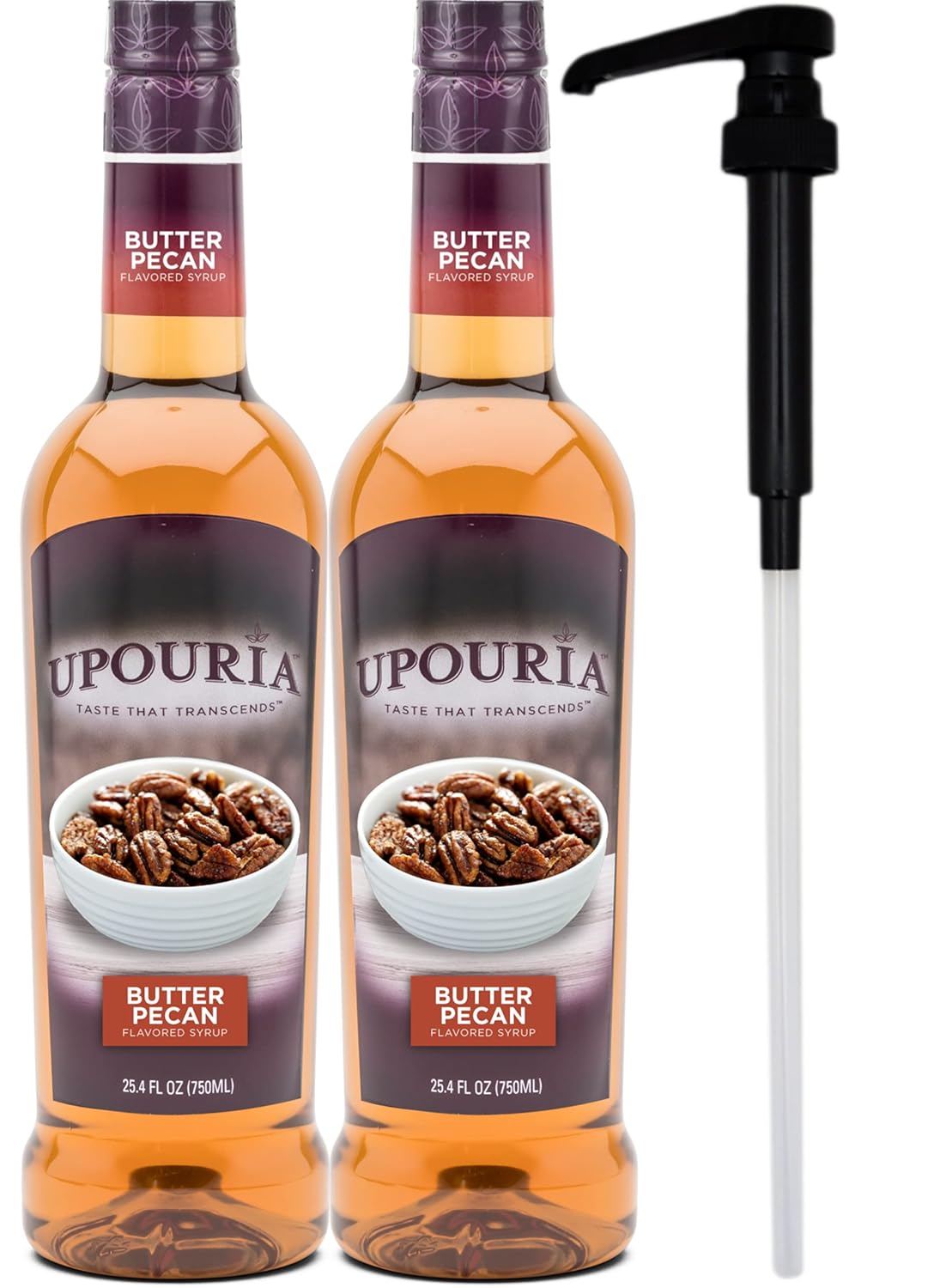 Upouria Butter Pecan Coffee Syrup Flavoring, 100% Vegan, Gluten-Free, Kosher, 750 mL Bottle (Pack of 2) with Coffee Syrup Pump