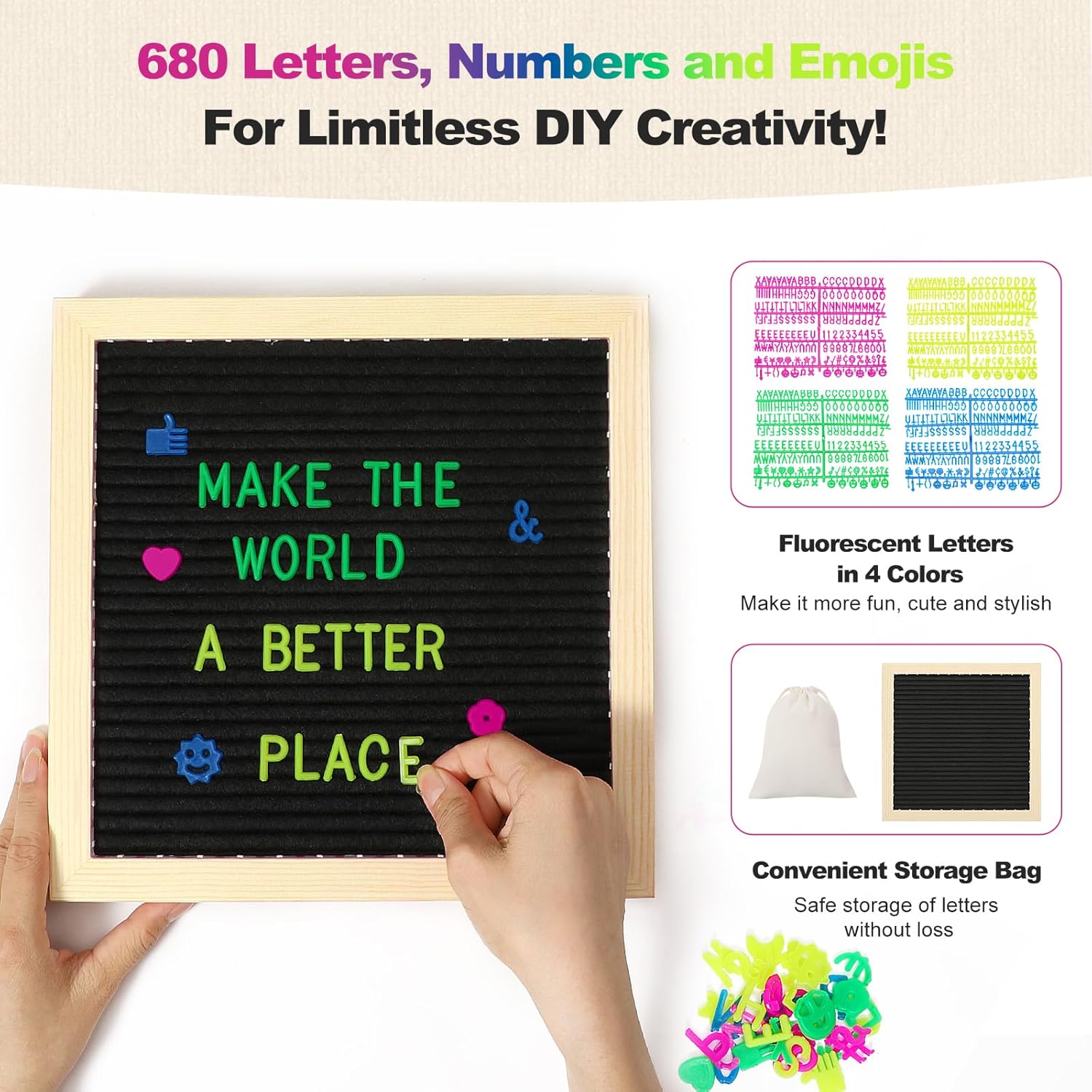 Lewondr Felt Letter Board, 10''×10'' Wooden Letter Board Sign with 680 Colored Fluorescence Letters, Changeable Message Sign with Stand for Baby Announcements, First School Day and Home Decor