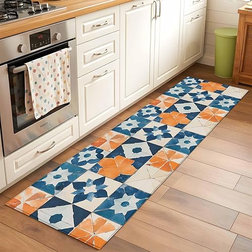 Miniatura 13 de 6ft Round Rug, Abstract Blue Non-Skid Rubber Backing Large Area Rugs - Living Room Bedroom Home Office, Orange Color Block Retro Watercolor Boho