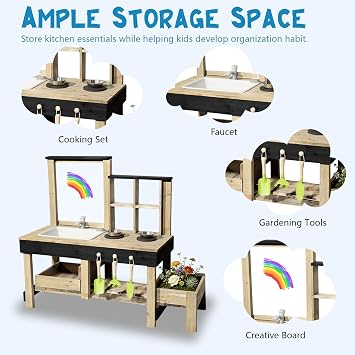 Mud Kitchen Playset for, Outdoor Wooden Toy Play Kitchen Set for Boys and Girls, Kitchen Accessories and Garden Sink with Faucet, Blackboard (Black1)