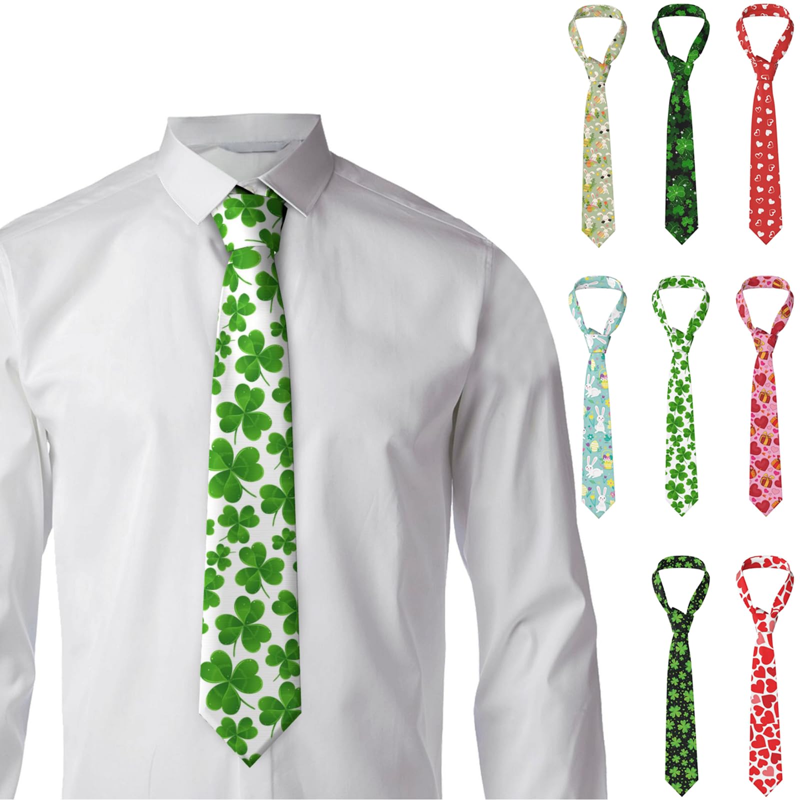 Zhifu Unisex St Patricks Day Gifts Valentine's Day Tie St. Patrick's Day Tie Easter Tie, Heart Rabbit Shamrock Clover Neckties Formal Party Gifts, One Size
