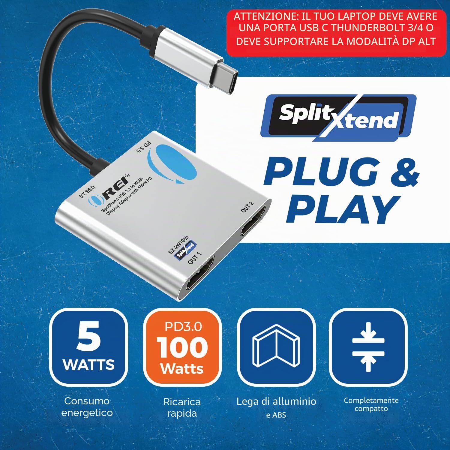 OREI SplitExtend - Splitter HDMI Display esteso solo per Windows Dual Monitor - Display multi-monitor 3 schermi separati - Adattatore USB-C a HDMI 2.0, uscite 4K @30Hz - Ingresso PD e USB 2.0 da 100 W