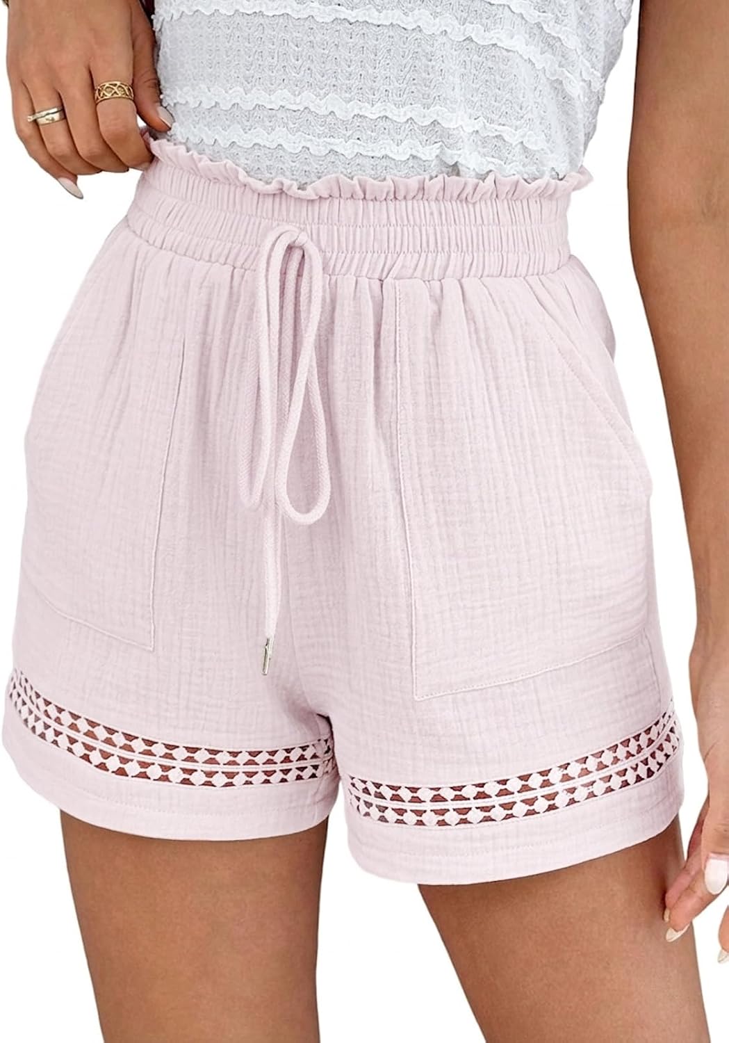 Shorts for Women Trendy Summer Cotton Shorts Pockets Boho Lace Trim