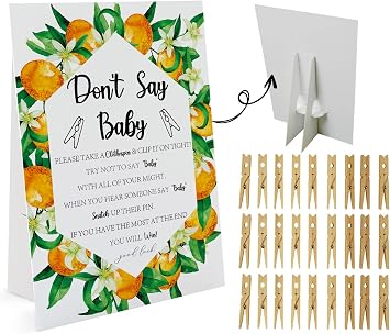 Dont Say Baby Game - Orange Citrus 1 Sign & 50 Mini Natural Clothespins - Gender Neutral Baby Shower Game